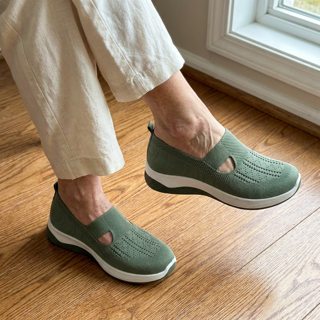 A woman in linen trousers stepping into the sage green Carry orthopedic slip-ons on a wooden floor