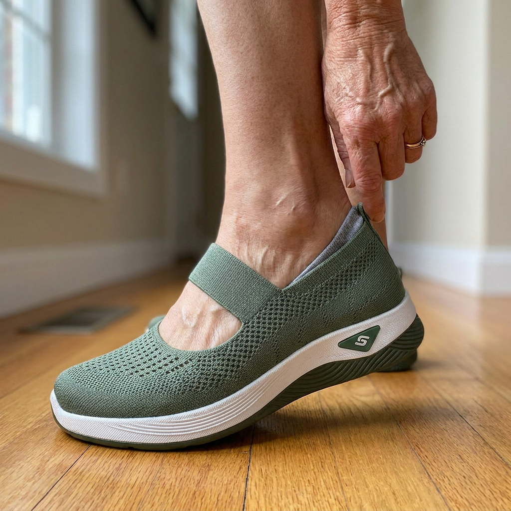 A woman stepping into the sage green Carry orthopedic slip-on standing up, finger on the heel tab
