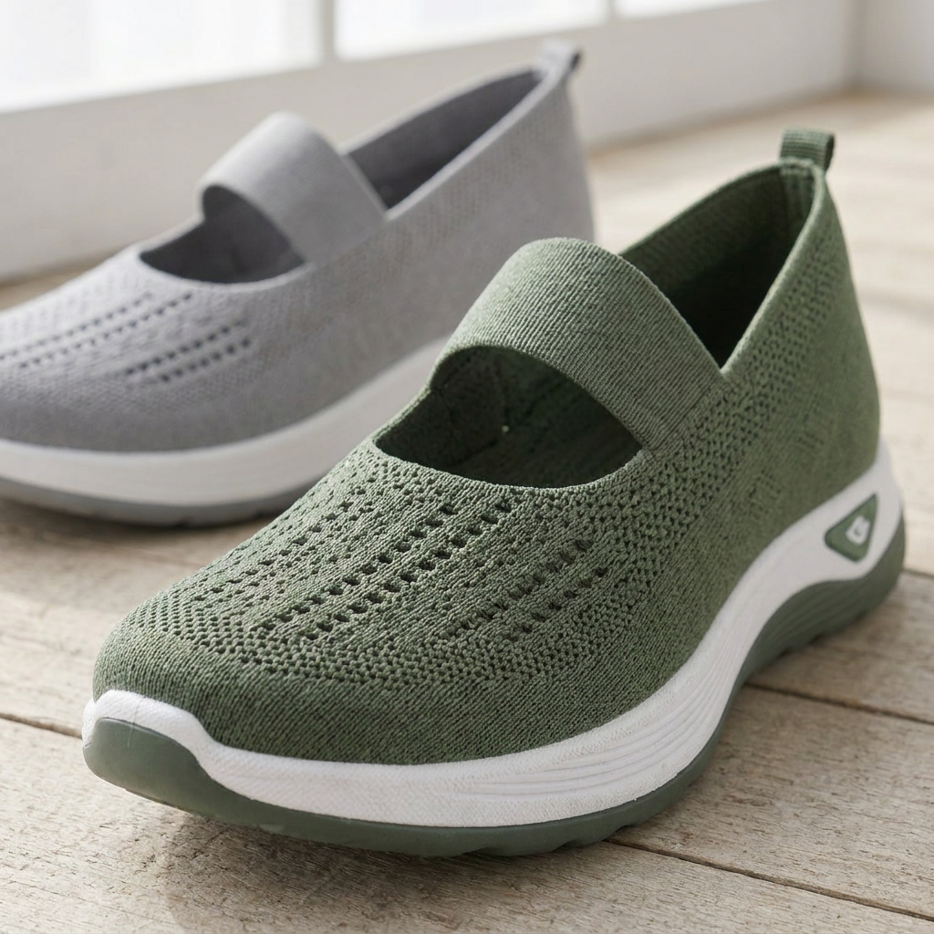 Macro of the green Carry orthopedic slip-on showing the rounded roomy toe, with the grey pair behind
