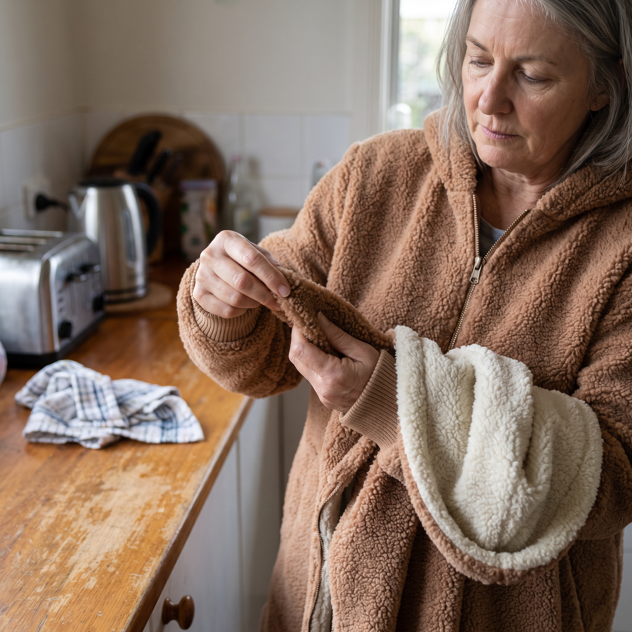 A woman in her sixties at her kitchen bench turning back the cuff of the brown Phoebe fleece jacket to check the thickness of the fleece and the cream sherpa lining
