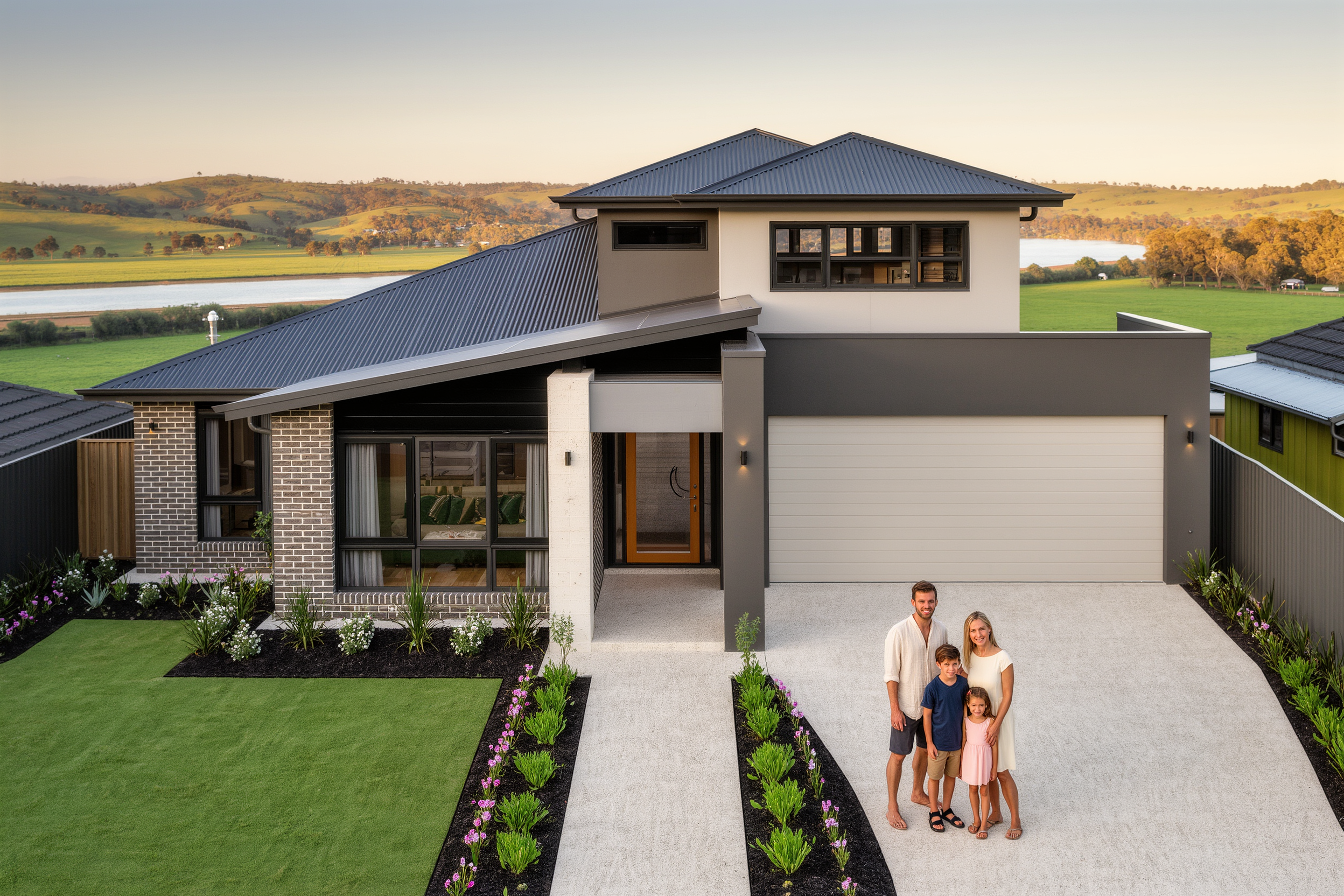 Family outside a new home, Western Geelong