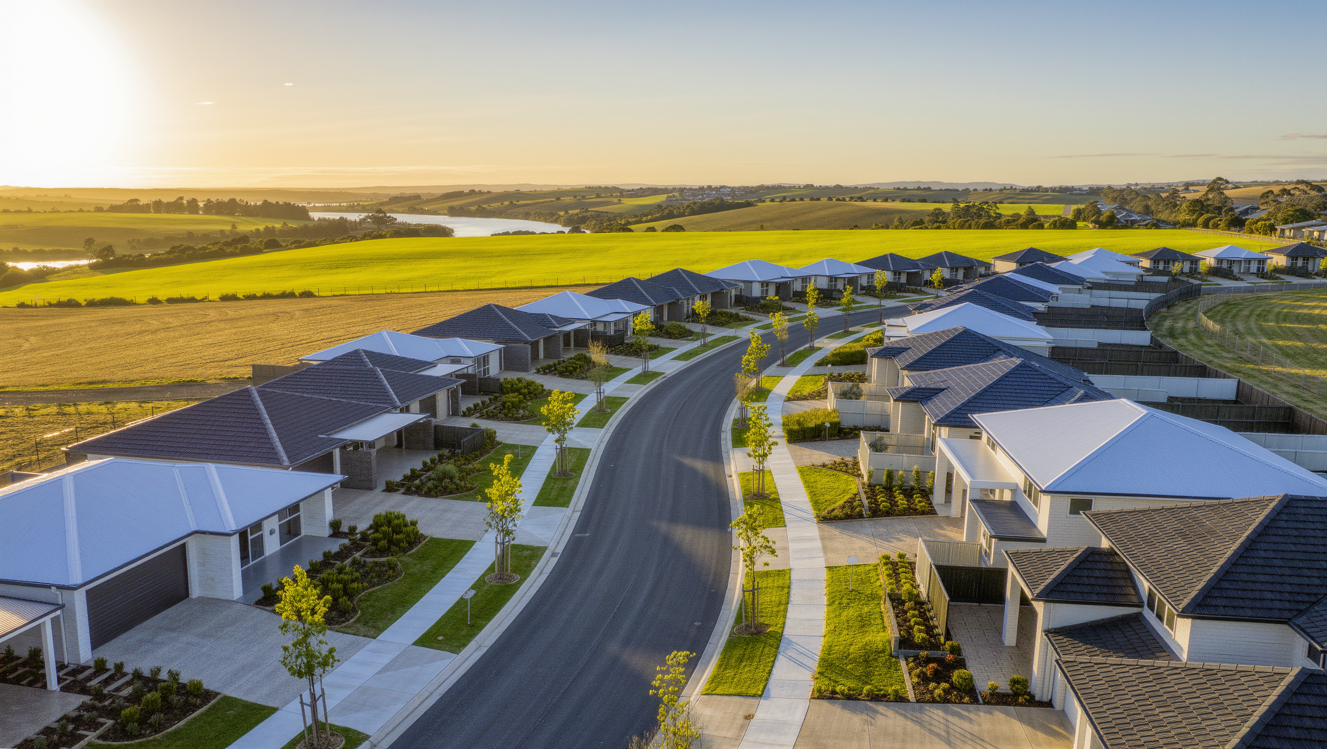 New residential street at golden hour, Western Geelong