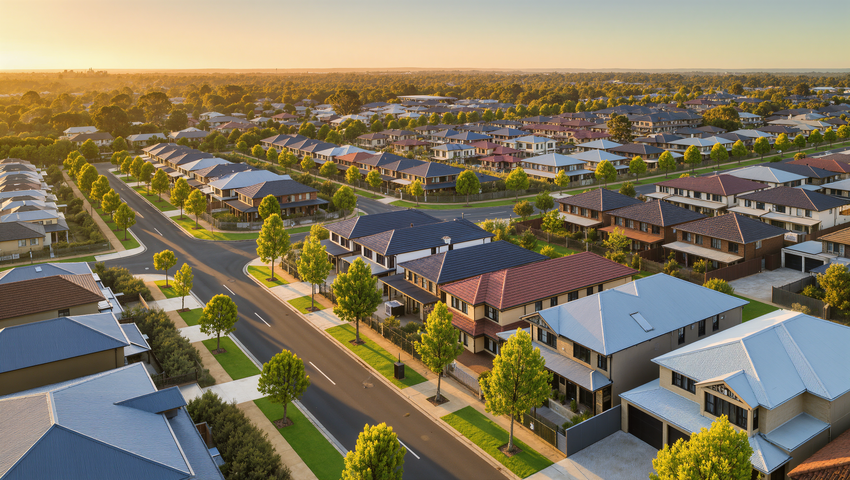 A quiet new street at golden hour — Clyde East