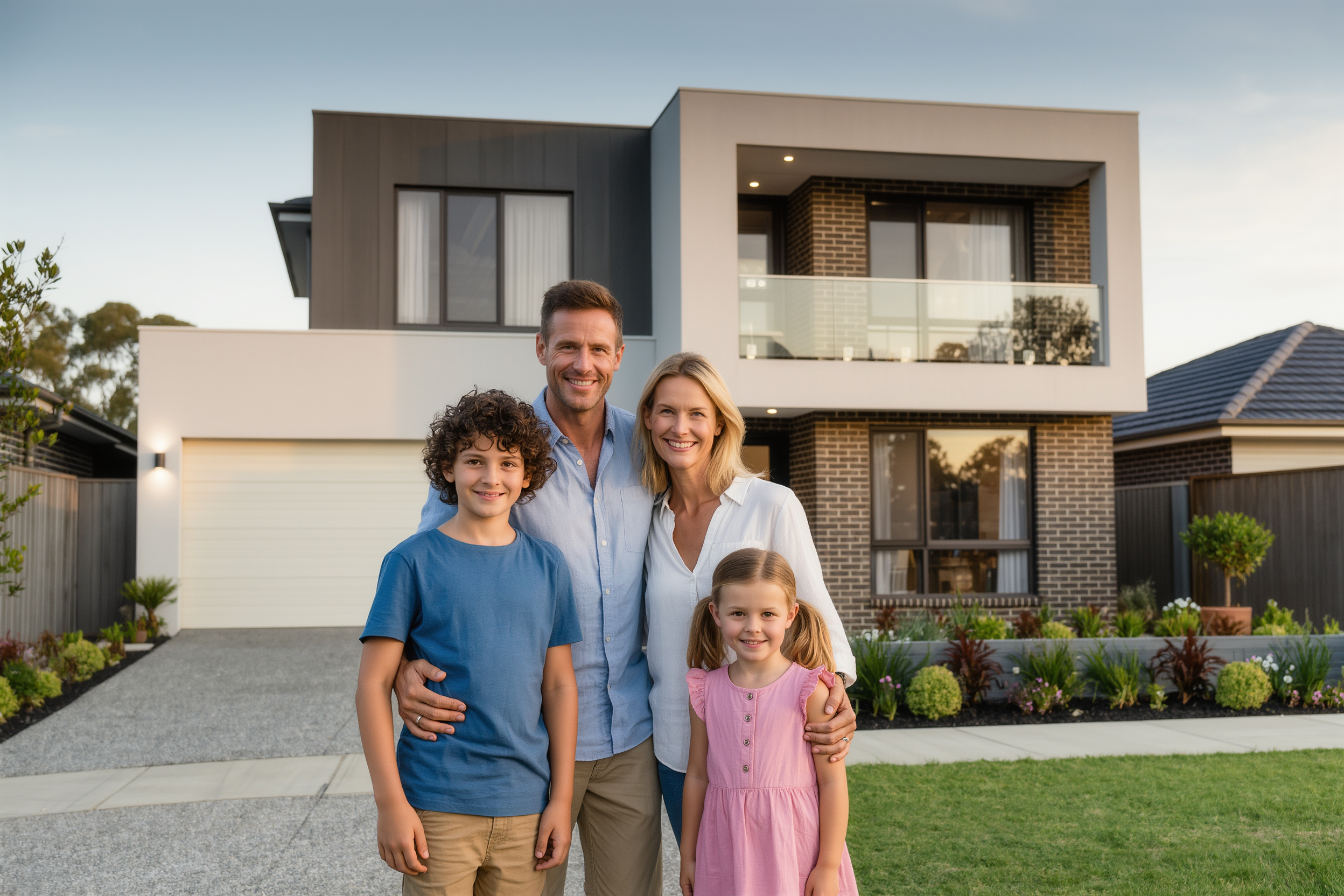 Family outside a new home, Ballan Road