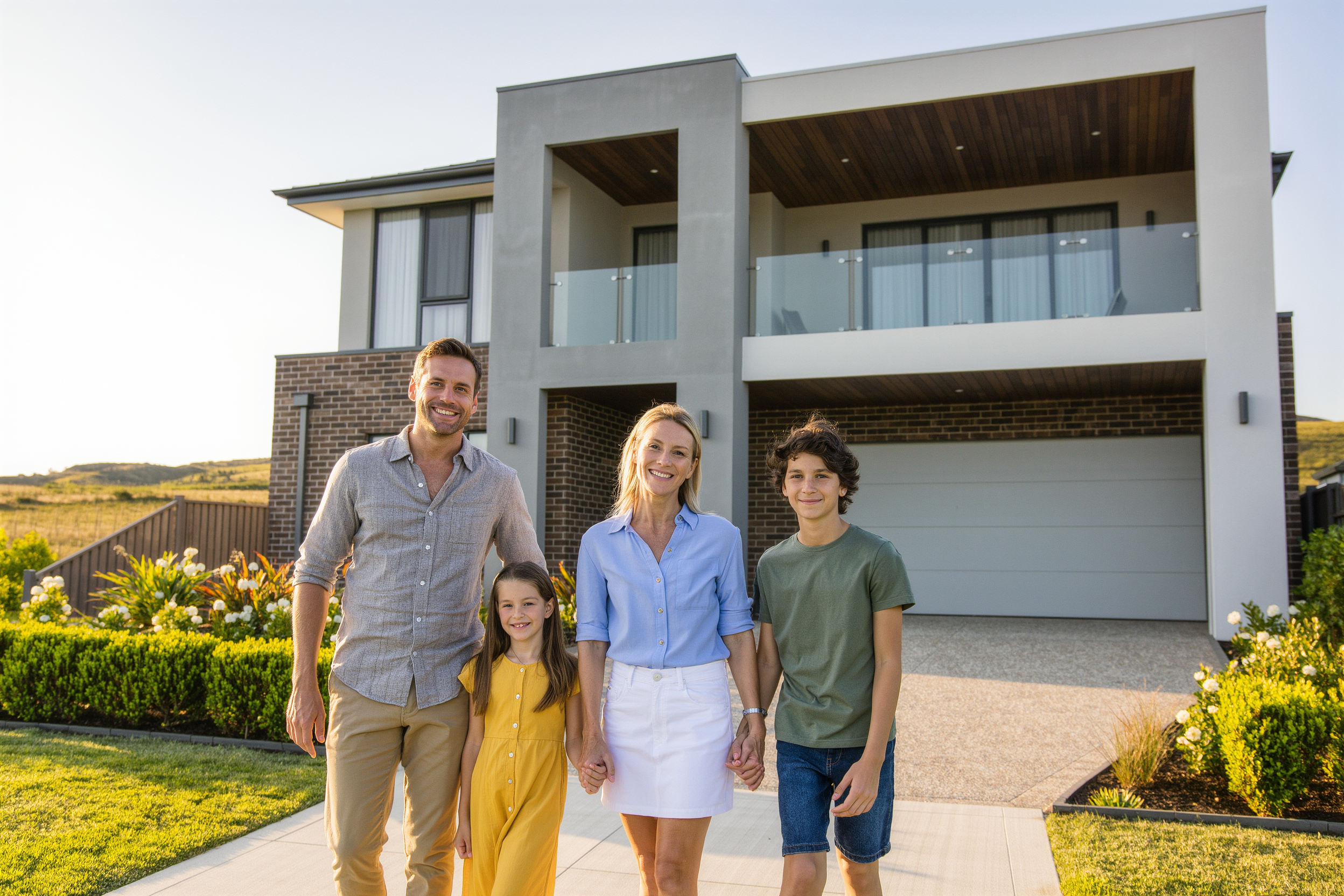 Family outside a new home, Sunbury North