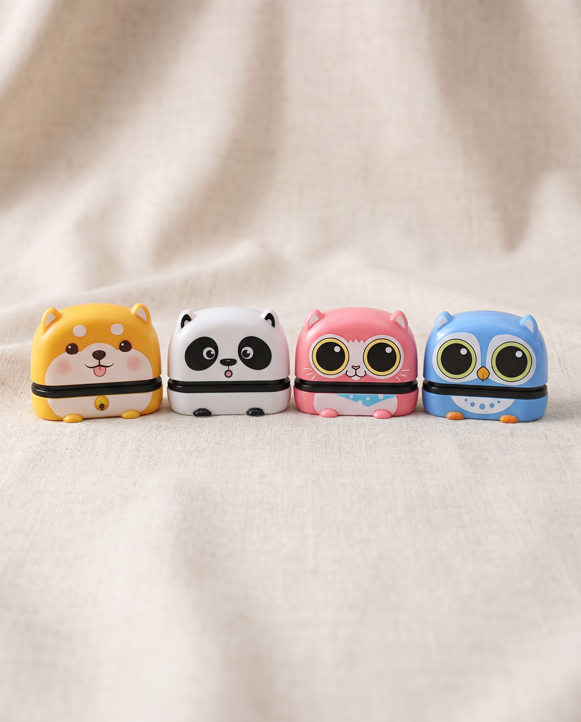 Stampee character stamps - Shiba, Panda, Cat, Owl lined up