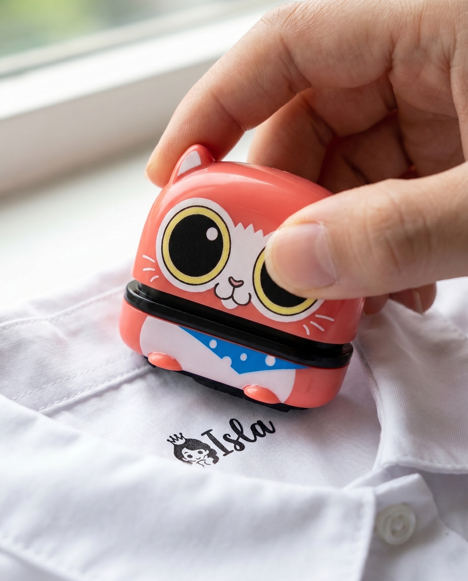Stampee cat stamp being pressed onto a shirt collar, showing the name Isla