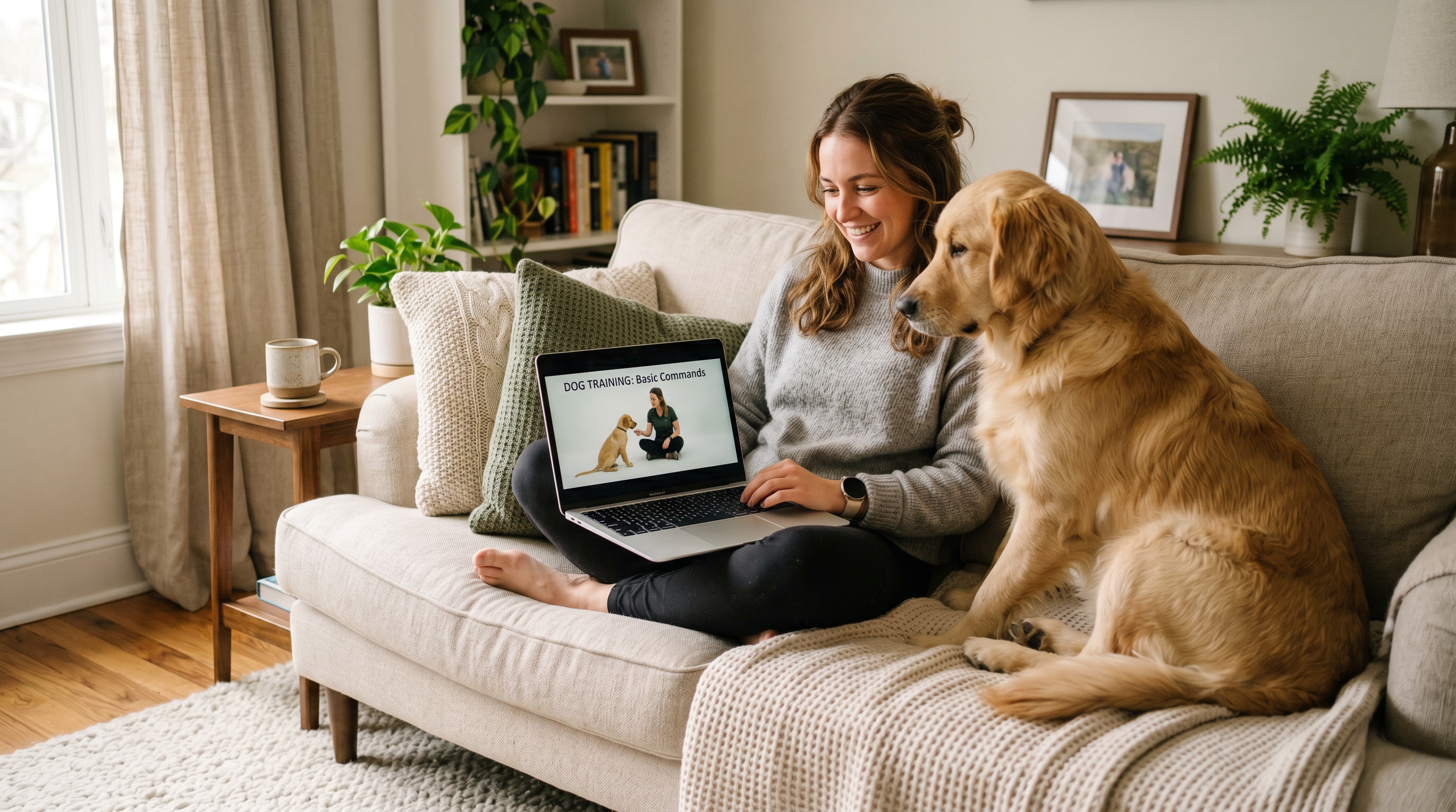 Woman relaxing on a couch with her golden retriever while following an online dog training course on a laptop
