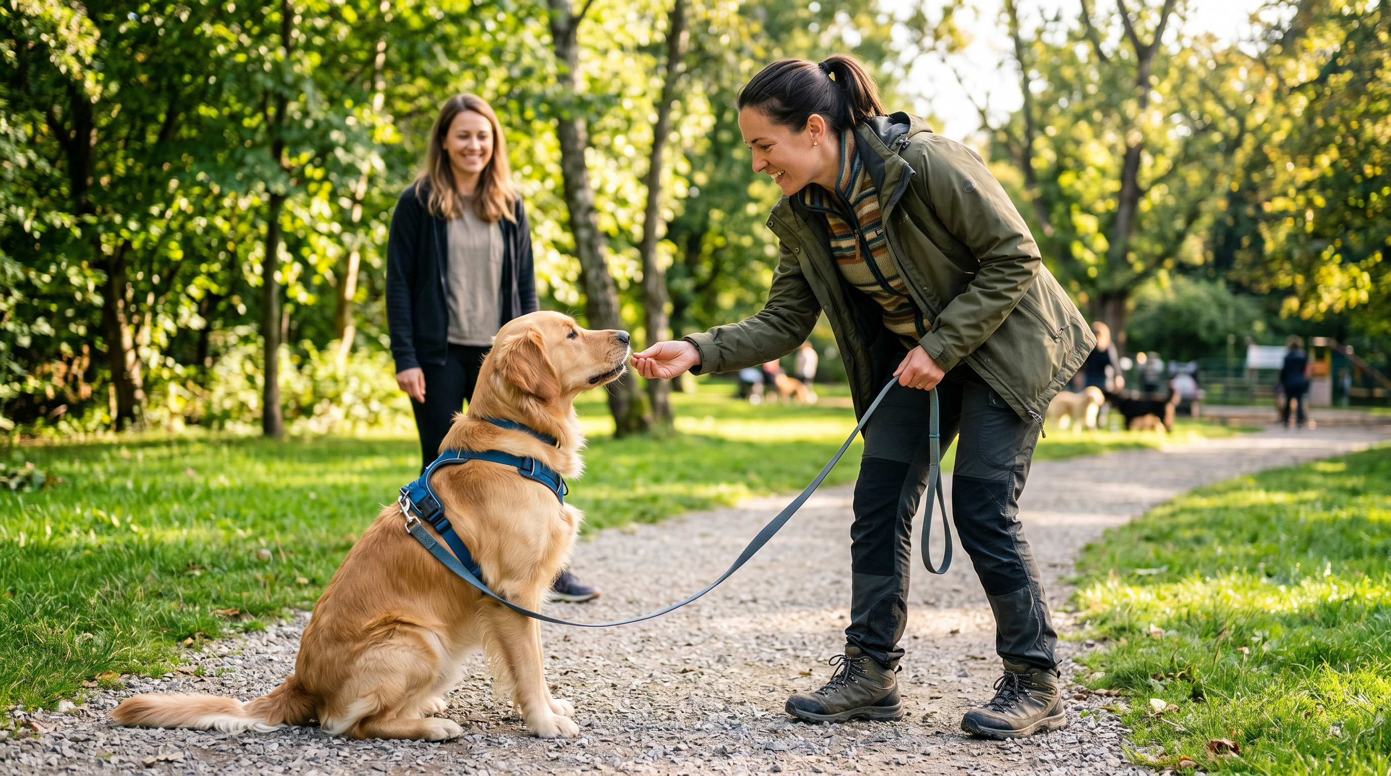 Certified dog trainer working one-on-one with a client and their golden retriever outdoors during an in-person training session