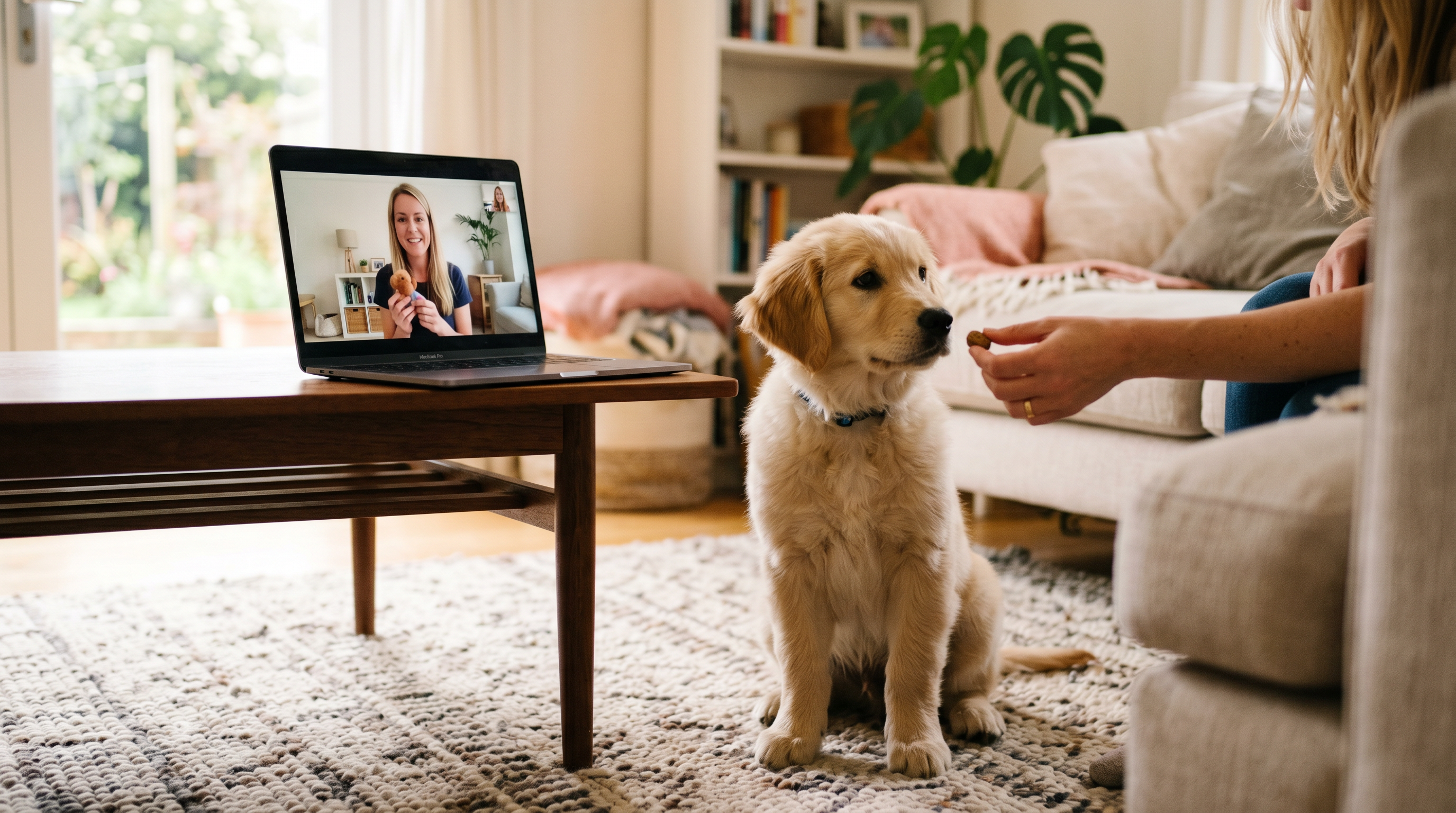 Golden retriever puppy learning basic manners at home while its owner follows an online puppy training class on a laptop