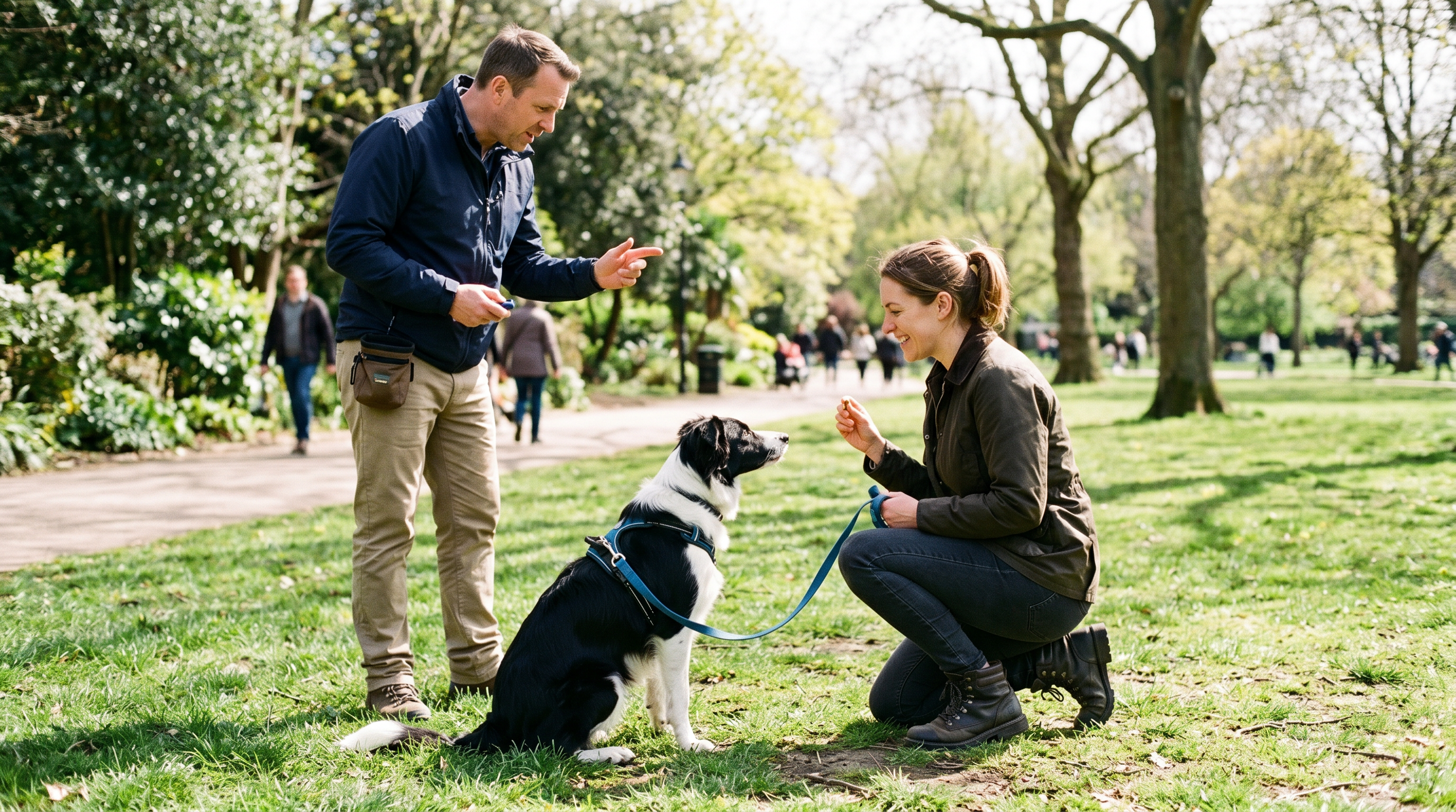 In-person dog trainer coaching an owner and their dog through an obedience exercise in a park