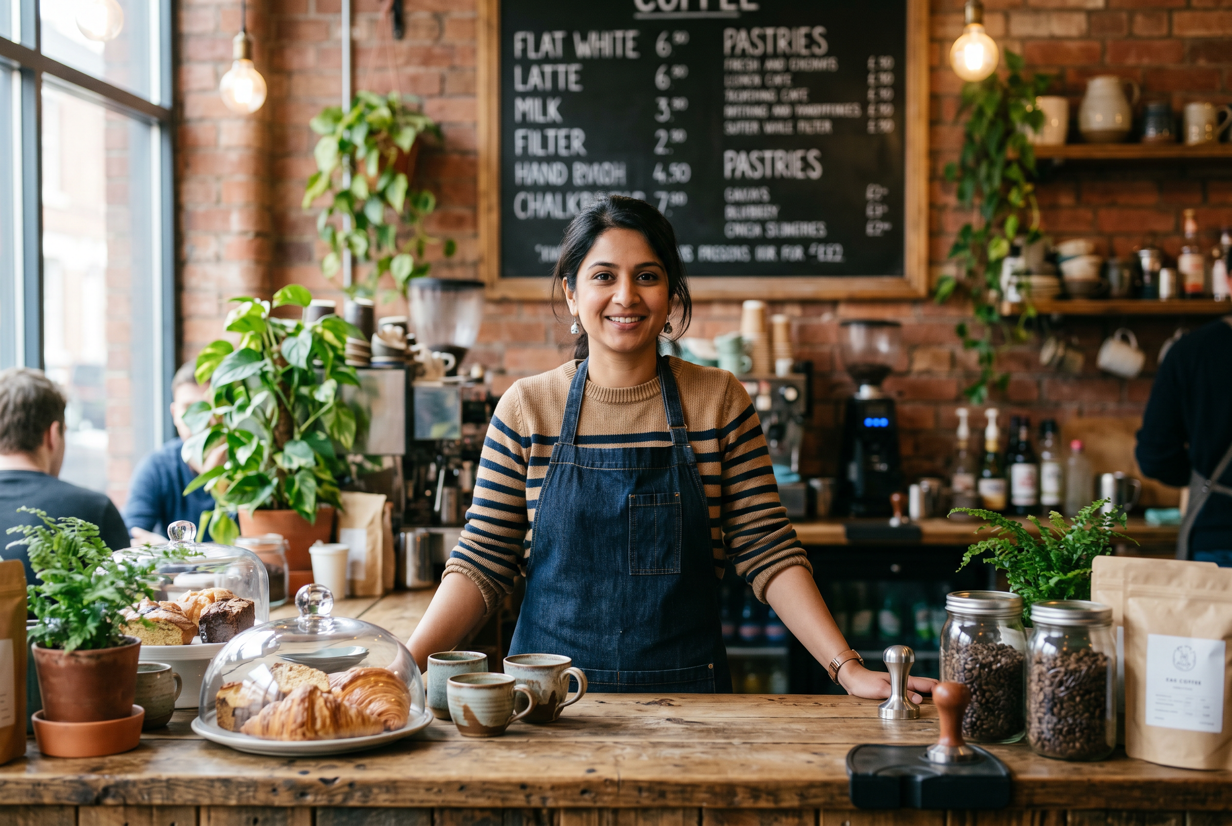 Café owner behind the counter of her coffee shop