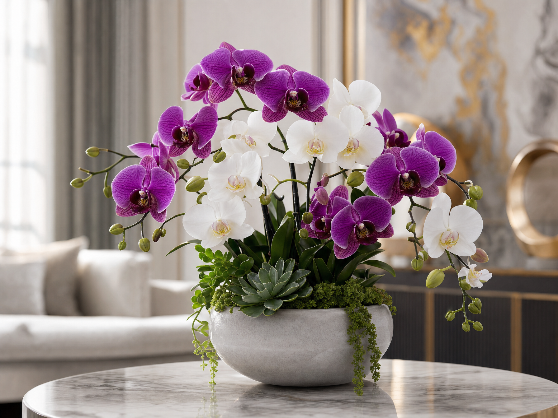 Orquídeas artificiales premium en maceta de cerámica