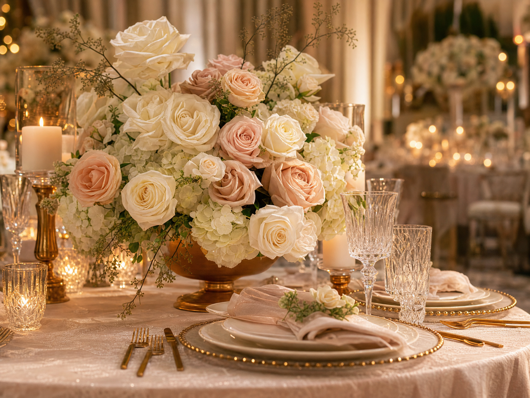 Mesa de boda con centro de mesa floral y cristalería