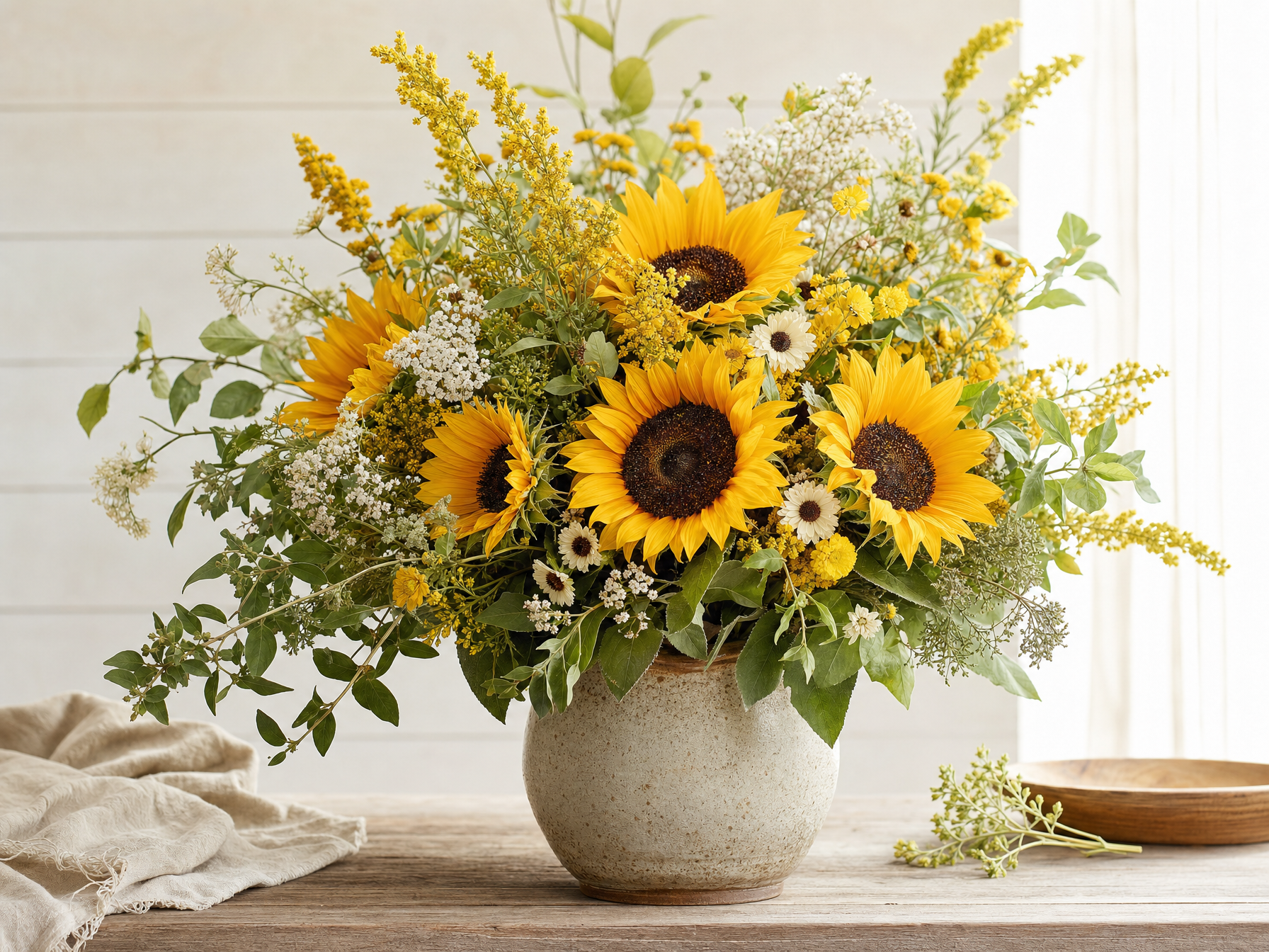 Bouquet de girasoles y flores silvestres