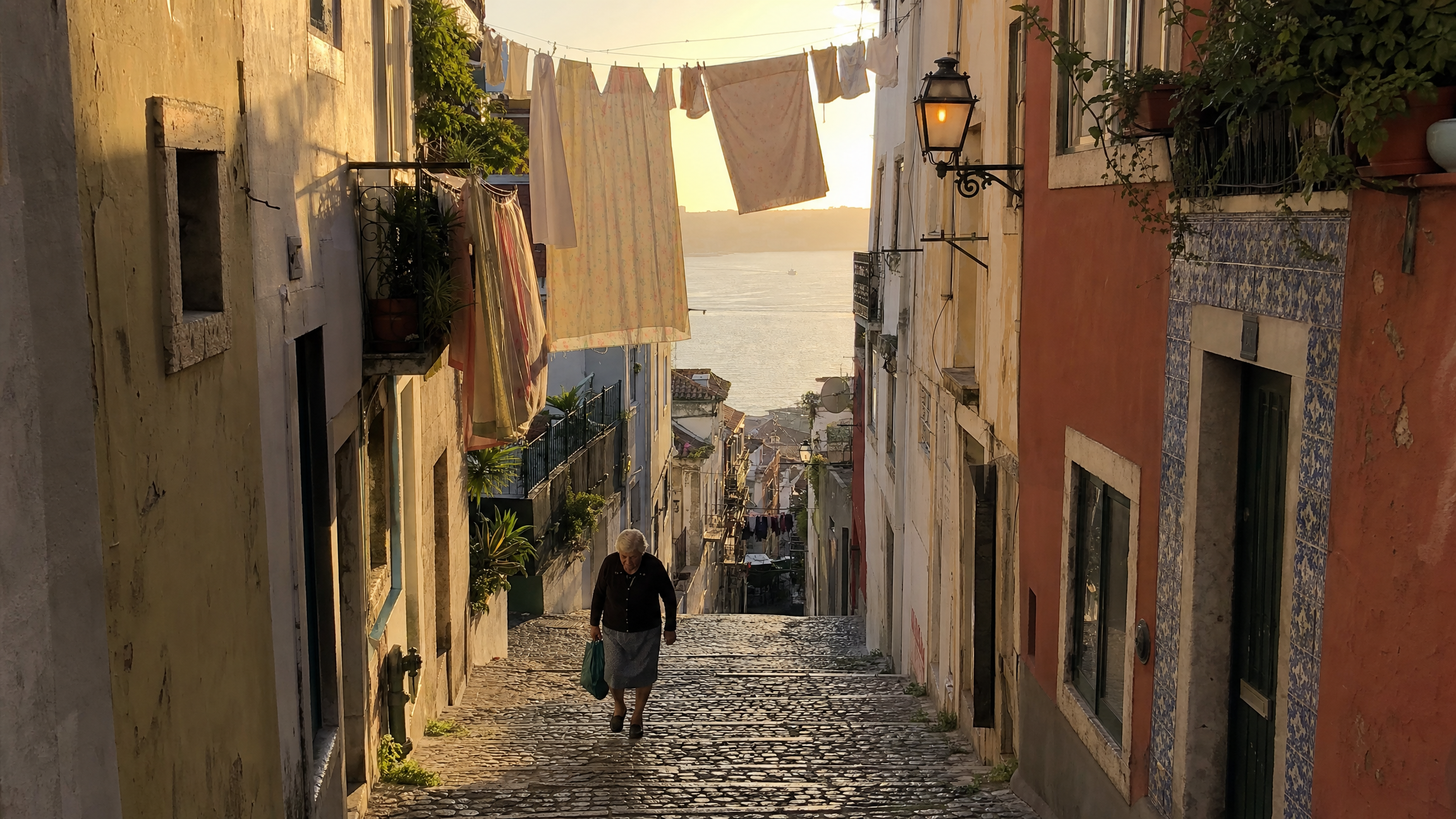 Narrow cobblestone alley in Alfama, Lisbon
