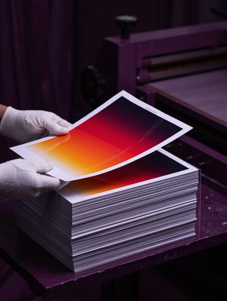 Checking freshly printed sheets at Vivid Works Printing