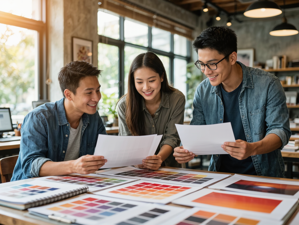 The Vivid Works Printing team reviewing colour proofs
