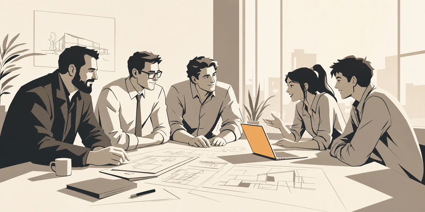 Three experienced builders working alongside a student team at a shared table