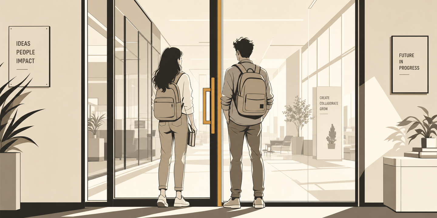 Two young founders standing at a glass threshold, looking forward