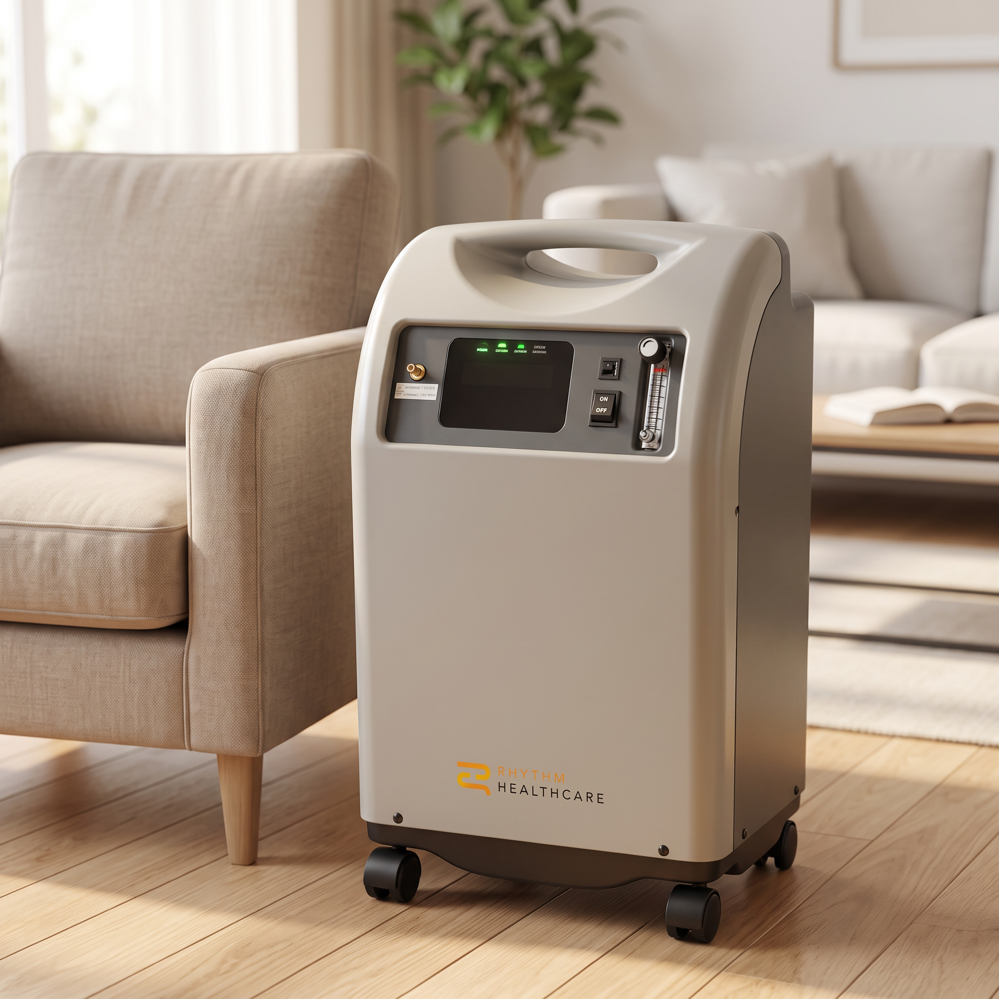 Rhythm Healthcare 10L oxygen concentrator in a cozy living room beside an armchair