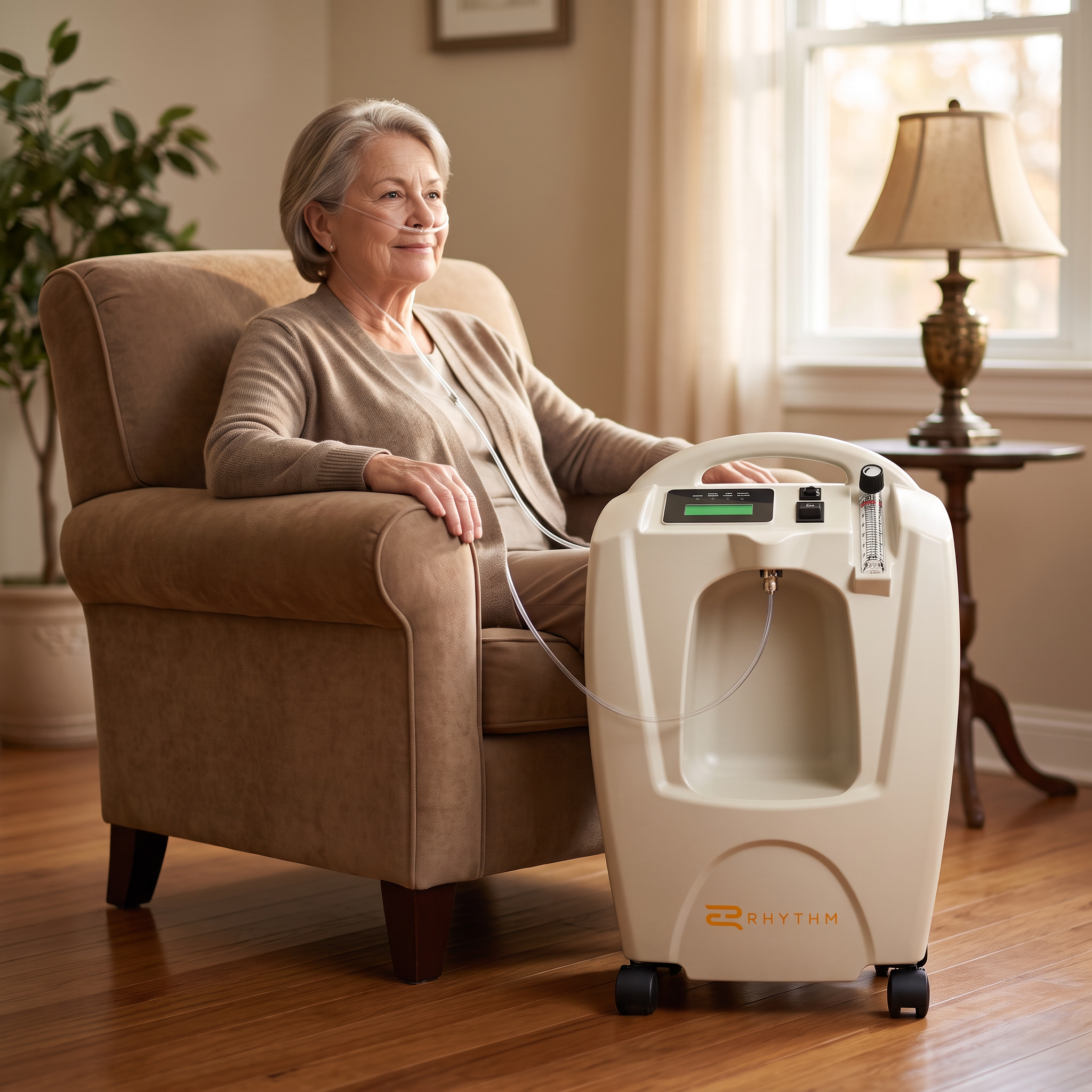 Rhythm Healthcare 5L oxygen concentrator beside an armchair in a warm home living room