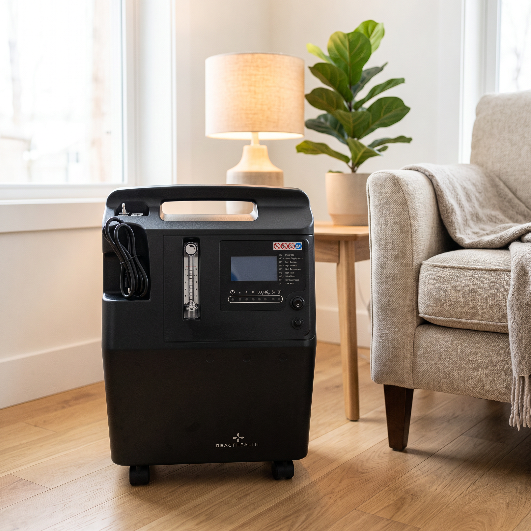 React Health Phoenix 5L oxygen concentrator in a bright living room beside an armchair