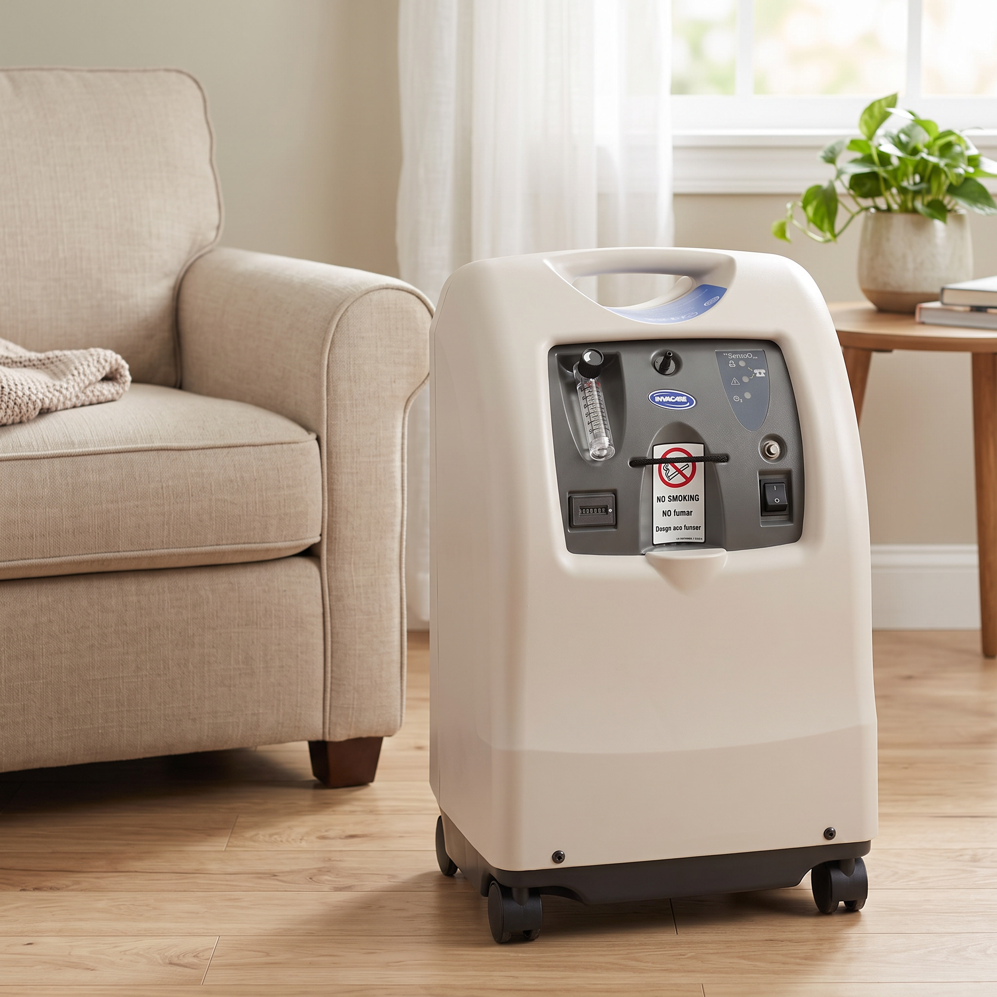 Certified Pre-Owned Perfecto2 V oxygen concentrator in a cozy home living room