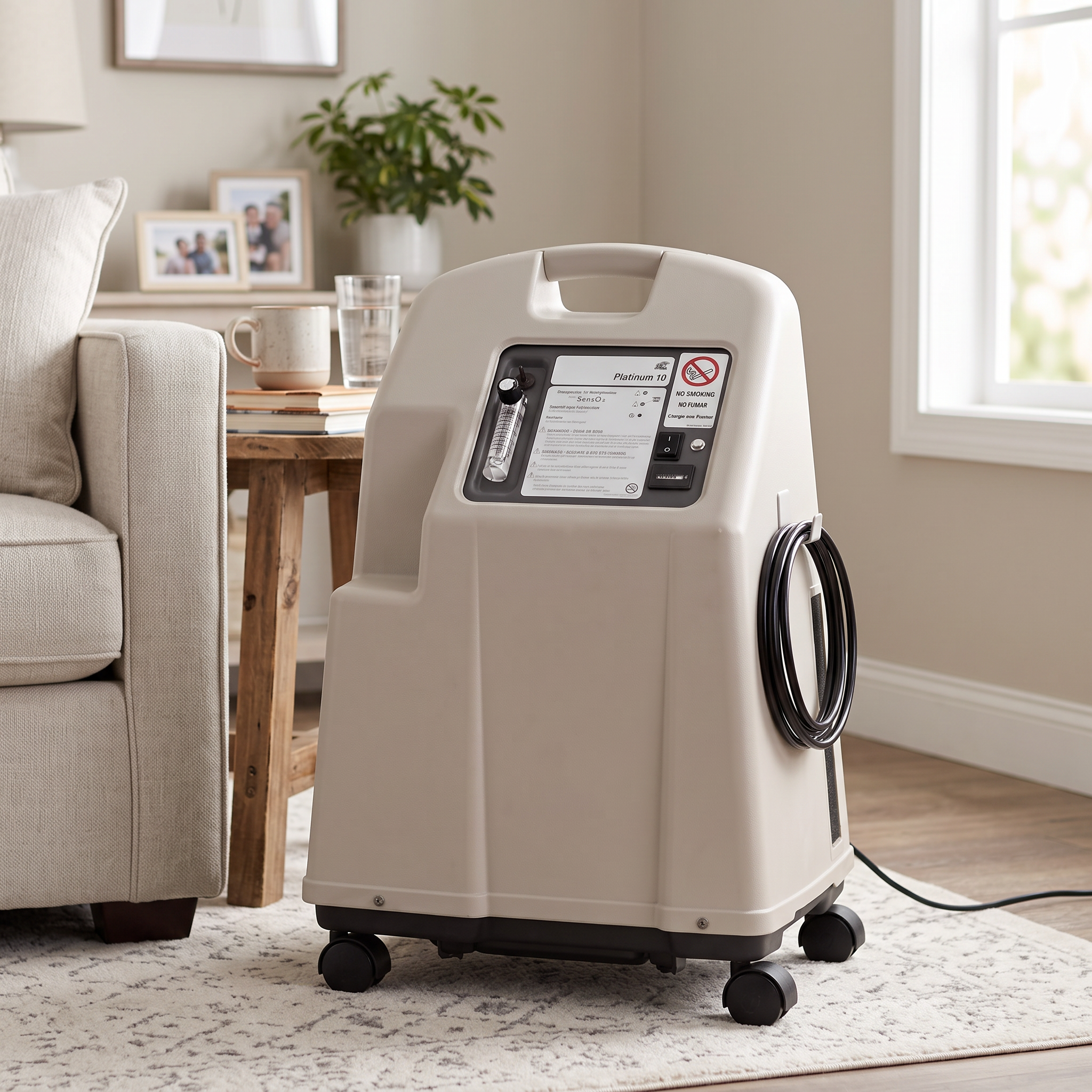 React Platinum 10L high-flow oxygen concentrator in a cozy living room beside a sofa
