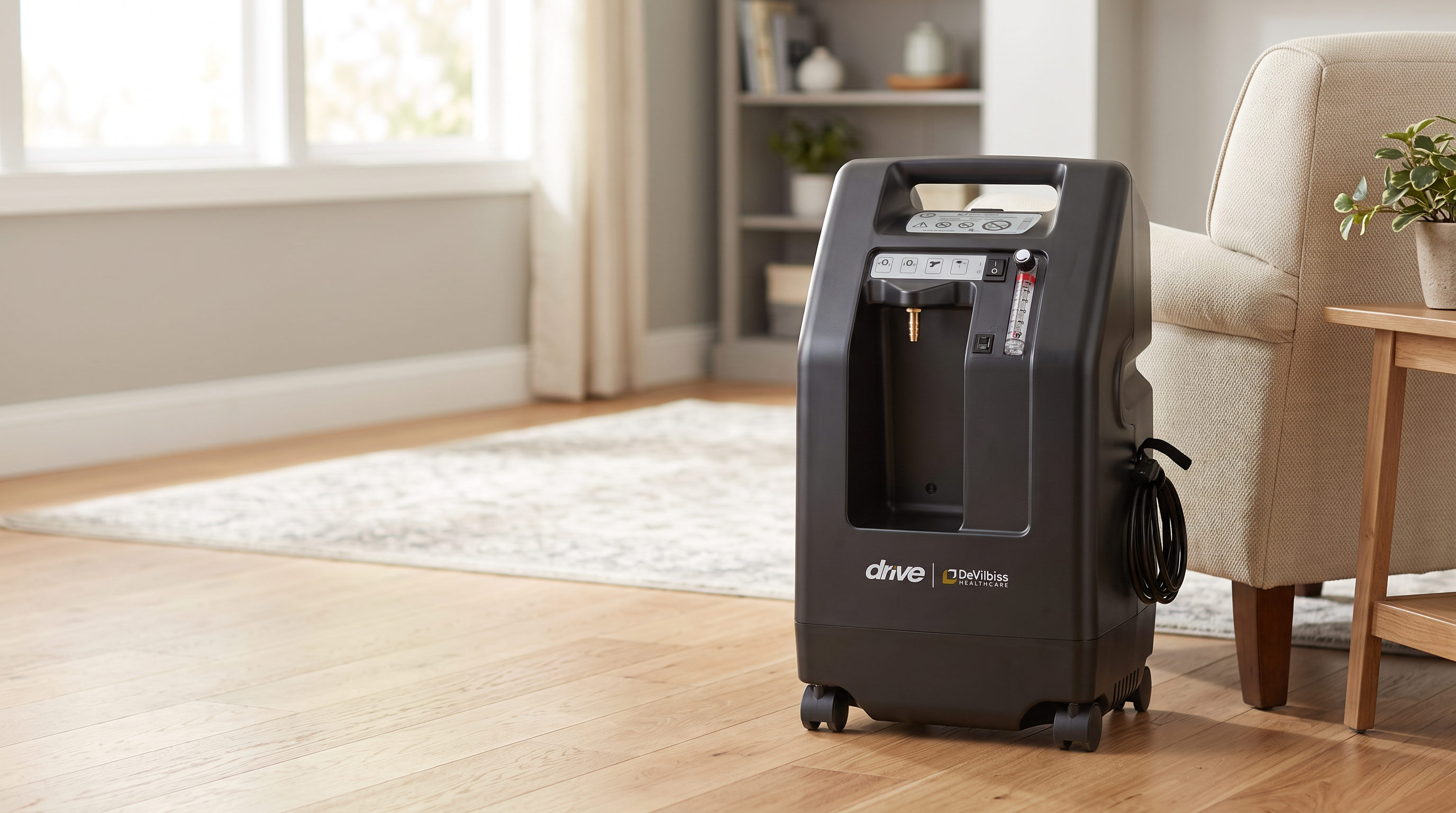 Drive DeVilbiss 525DS 5L home oxygen concentrator beside an armchair in a warm home living room