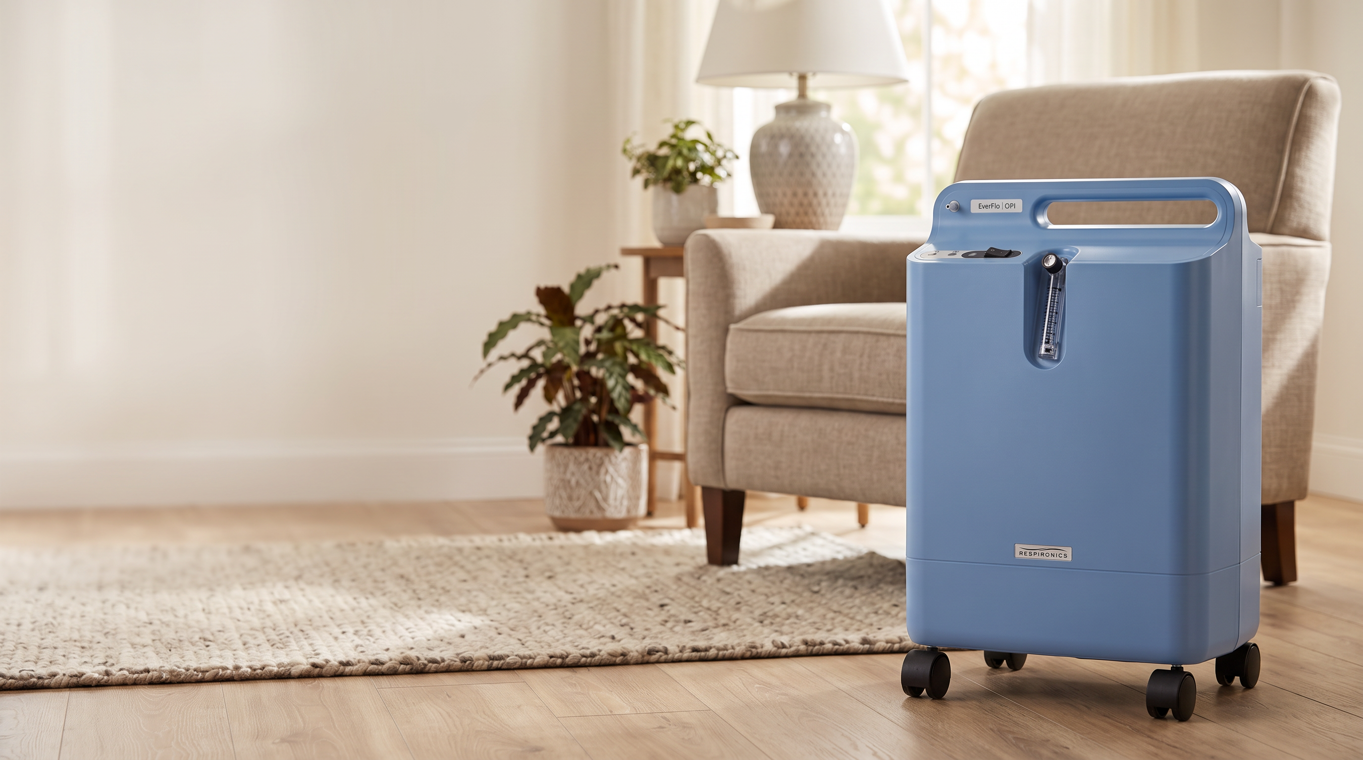 Philips Respironics EverFlo 5L home oxygen concentrator beside an armchair in a warm home living room