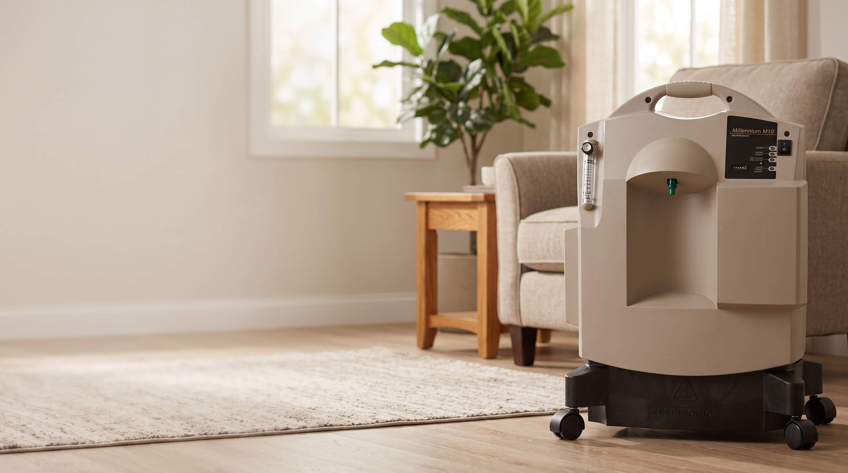 Philips Respironics Millennium M10 home oxygen concentrator beside an armchair in a warm home living room
