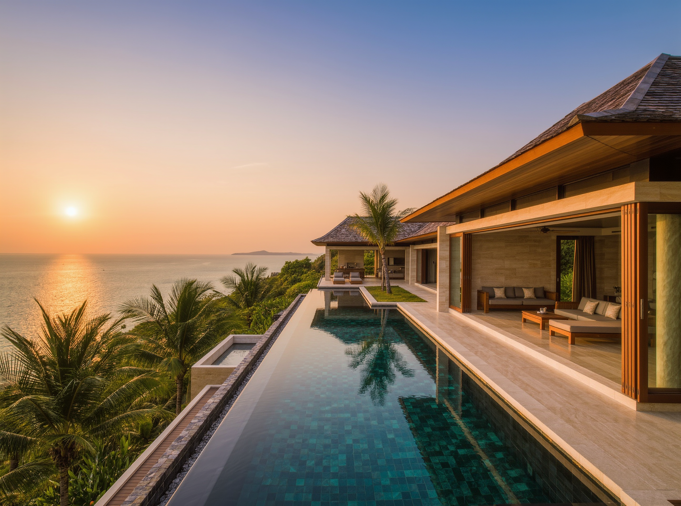 Hillside pool villa overlooking the Andaman Sea in Phuket at sunset