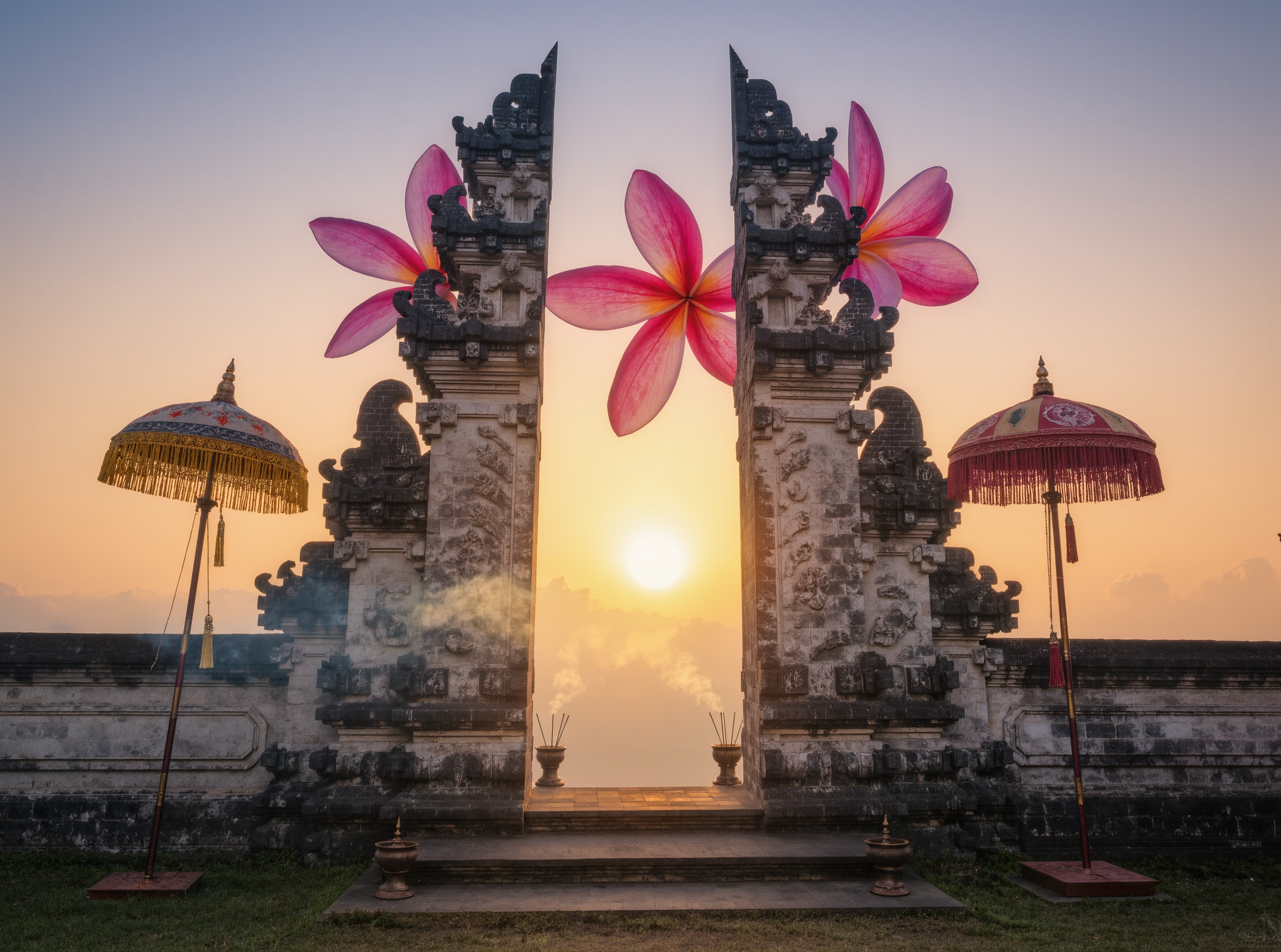 Balinese temple gate at sunrise