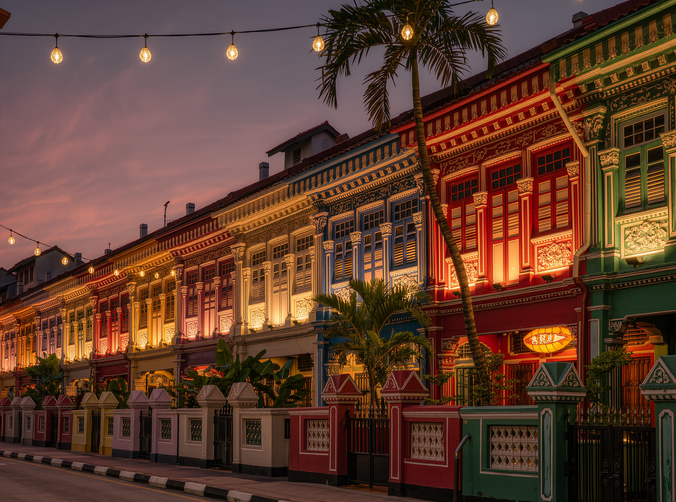 Peranakan shophouses in Singapore in the evening