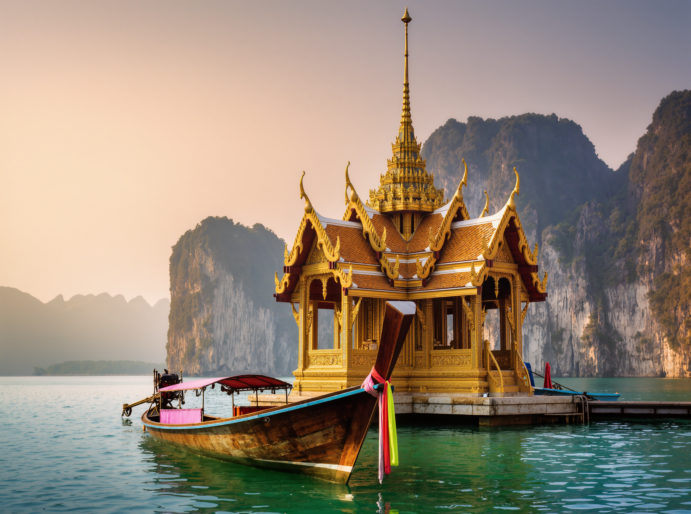 Golden Thai temple beside a longtail boat on the water