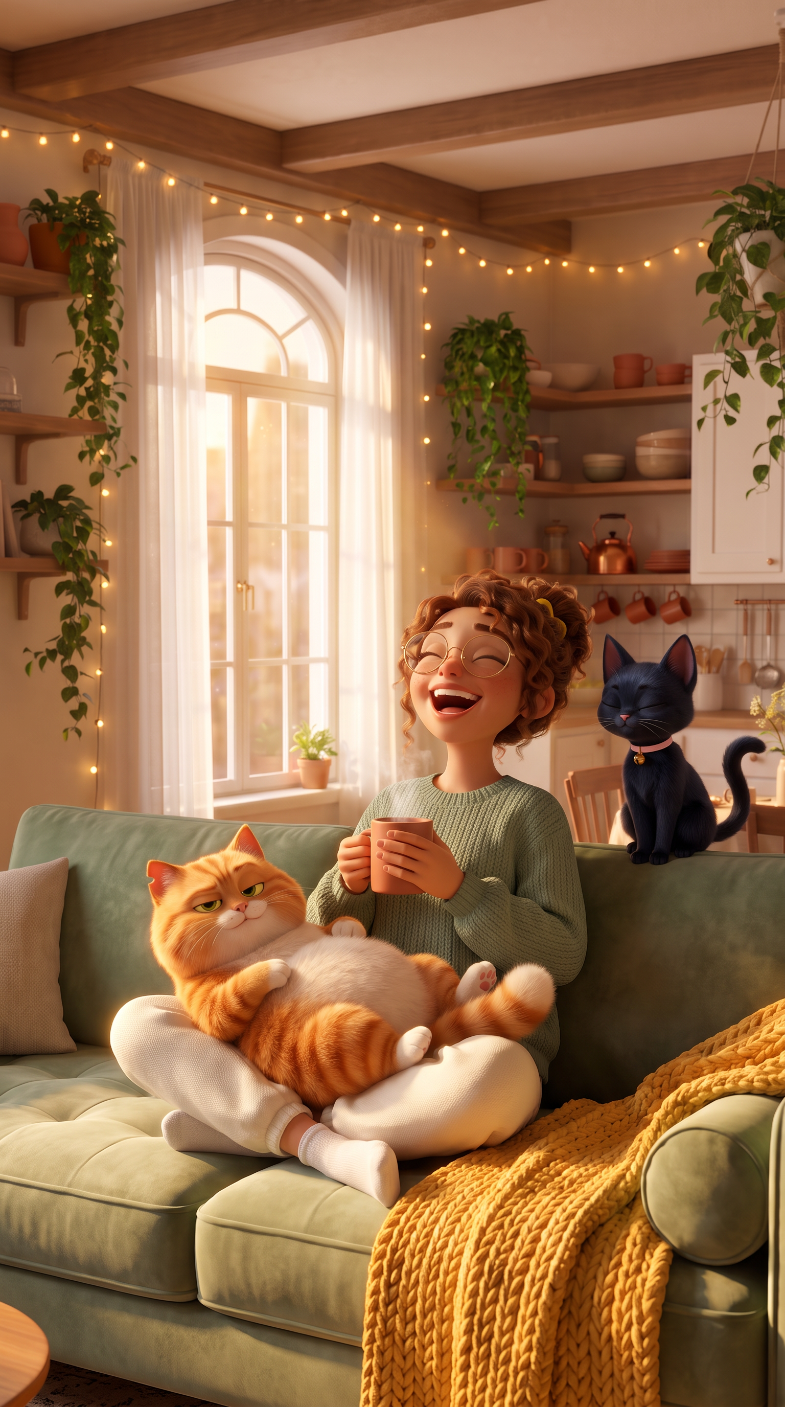 Mabel with Biscuit, the orange tabby, and Mochi, the little black cat, in their cosy apartment
