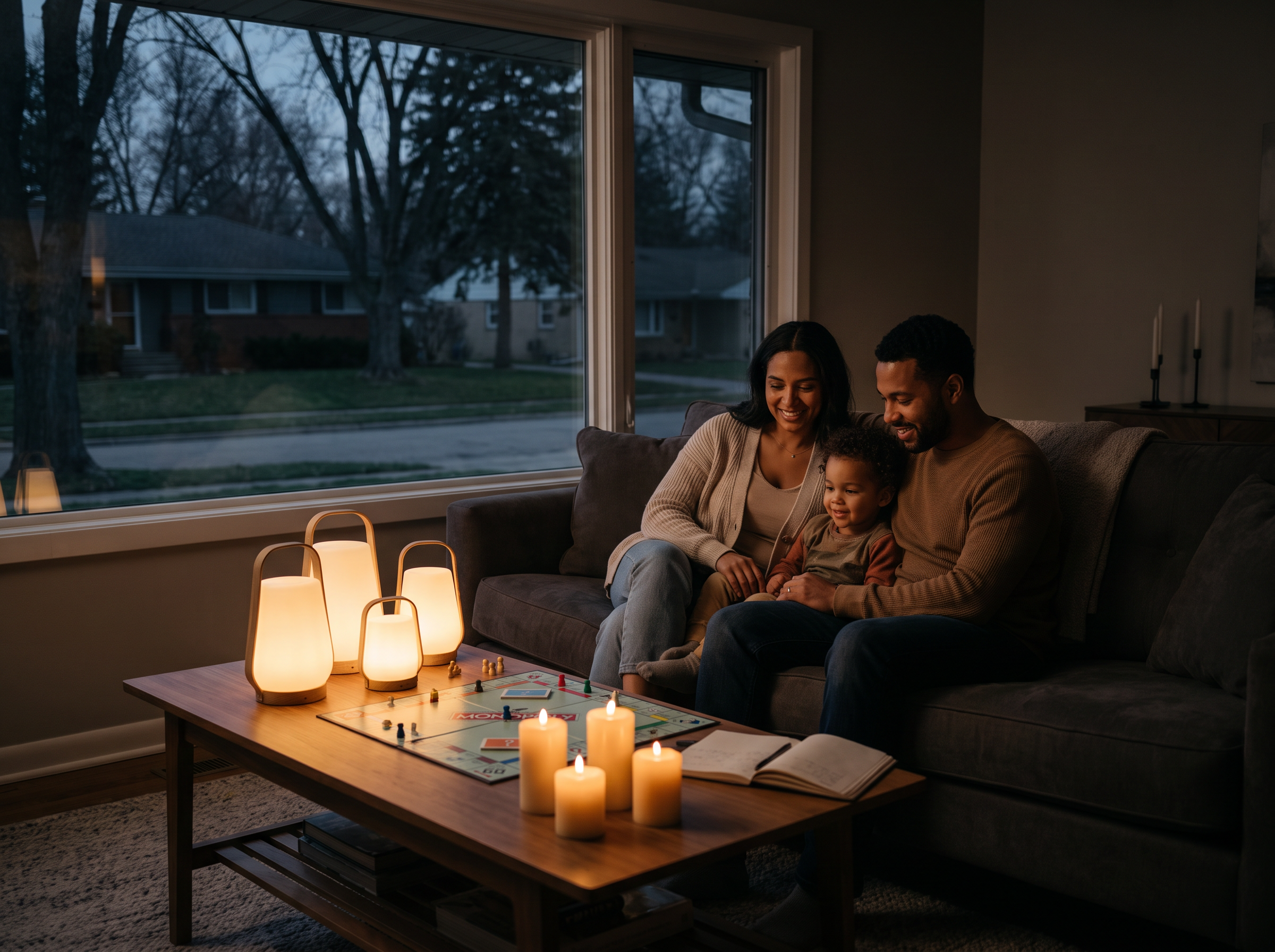A family together in their living room during a power outage, lit warmly by lanterns