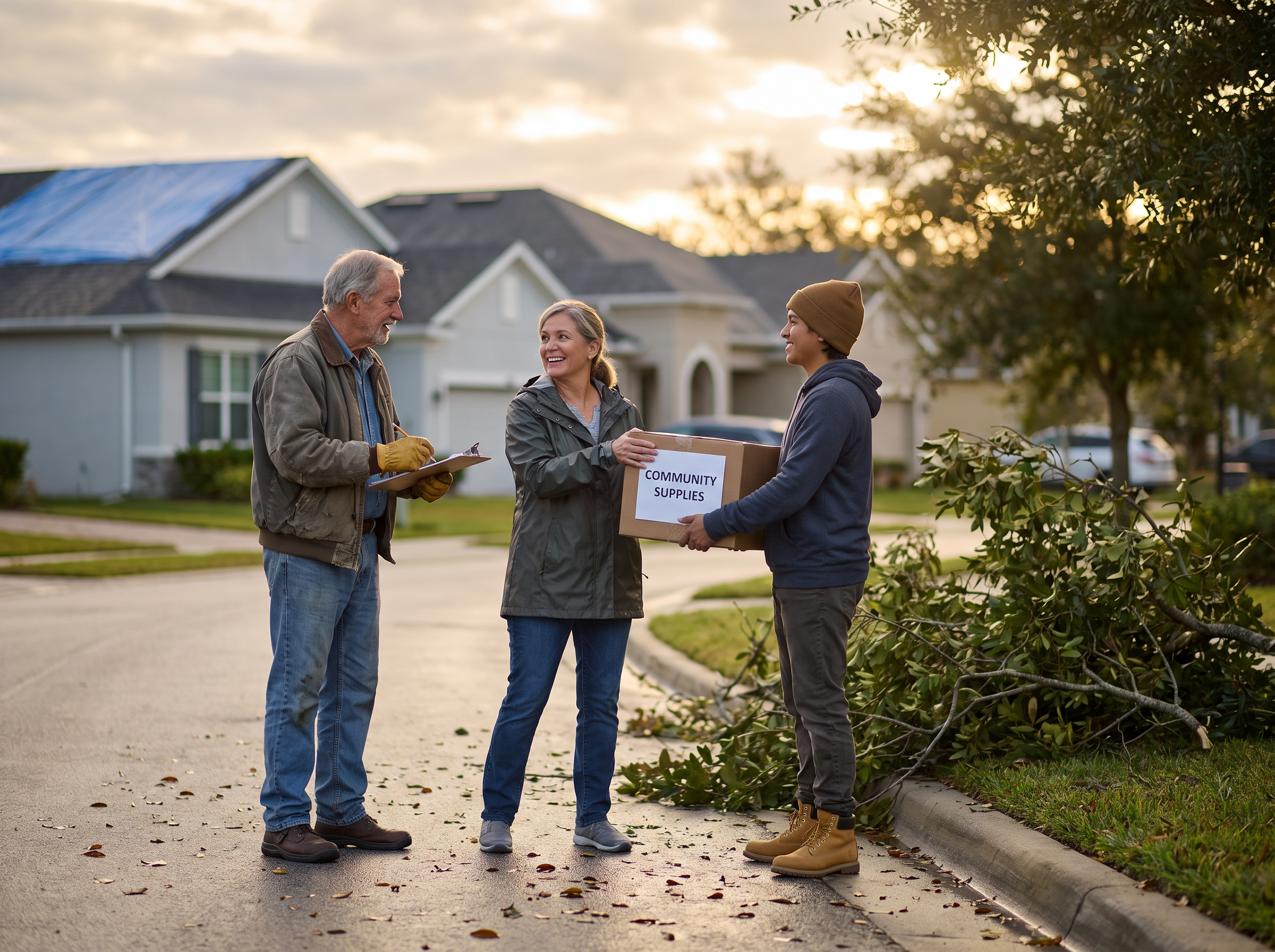 Neighbors helping each other clear debris and share supplies after a storm