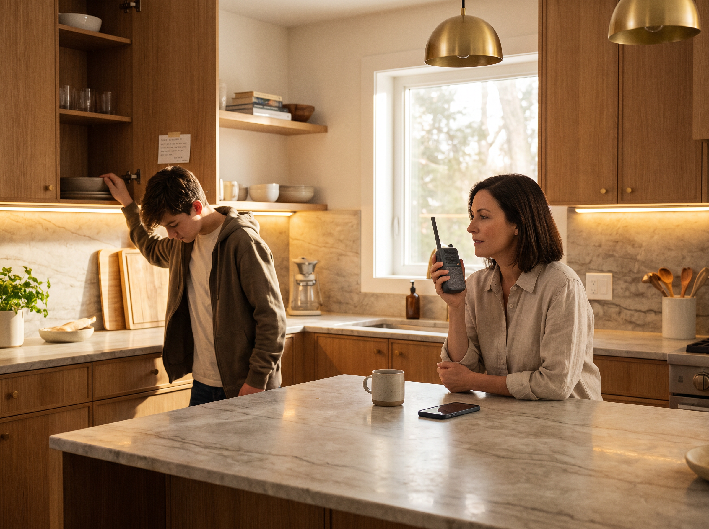 A mother and son staying connected at home using their own communication plan