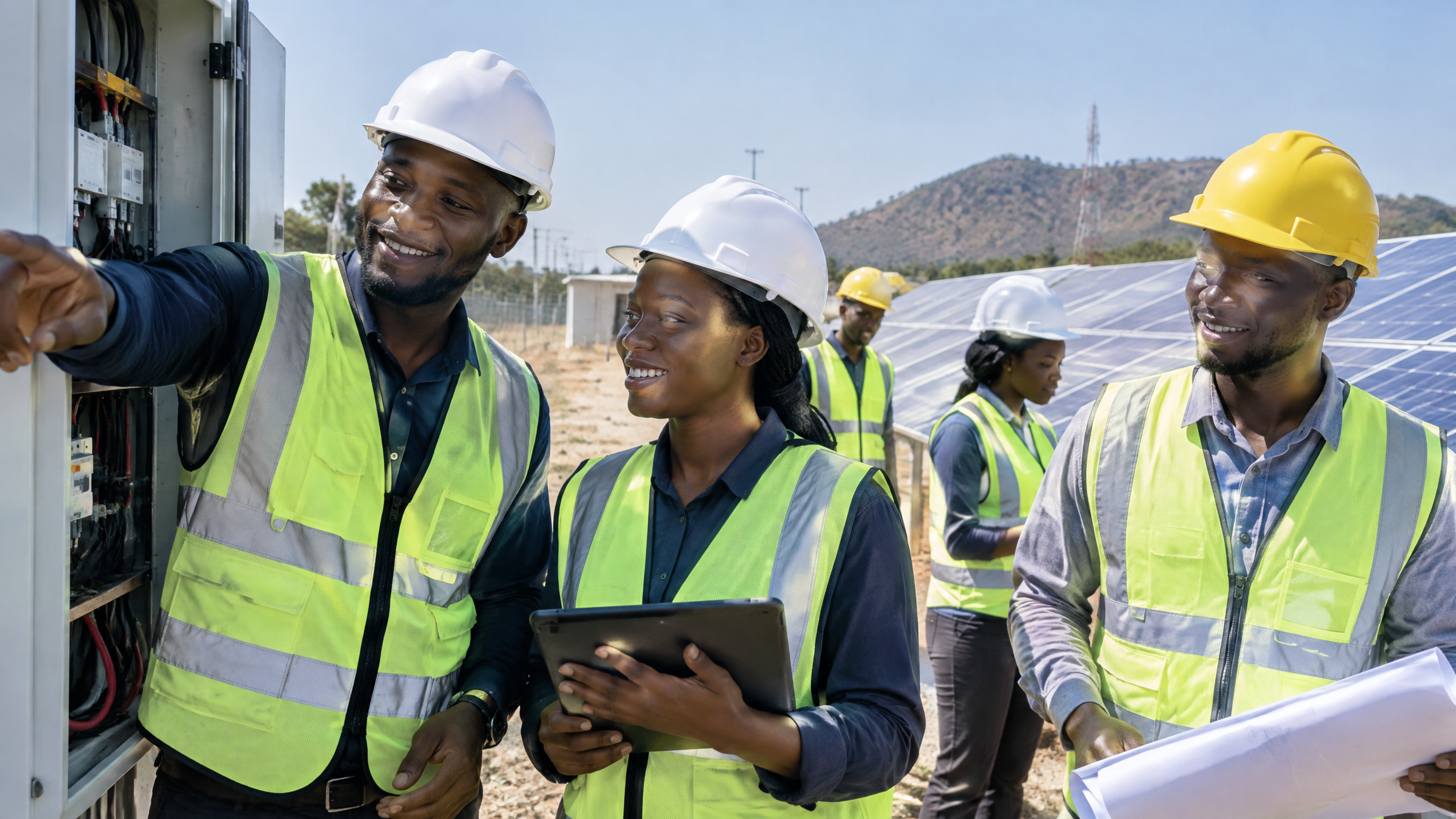 Solar technicians at Maraban Jos 35MWp plant - local jobs and skills Nigerian solar technicians inspecting solar panels at Maraban Jos solar farm Kaduna