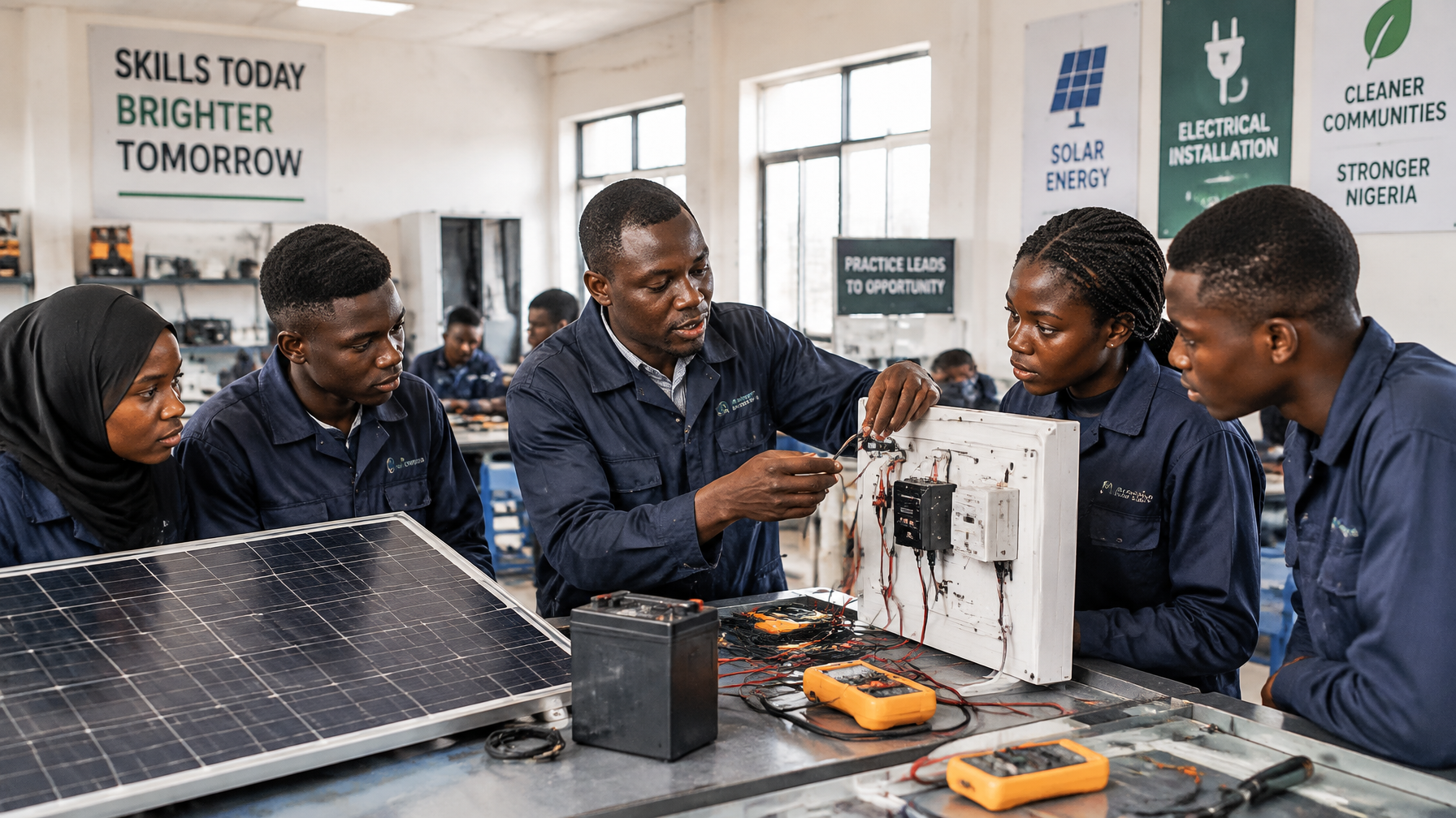 Youth training for solar jobs - demographic dividend Kaduna Young Nigerians in vocational training for solar and electrical skills Kaduna - demographic dividend