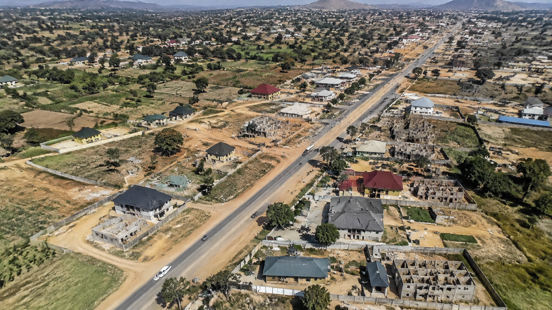Peri-urban growth around Maraban Jos Green Economic Zone Peri-urban expansion along Maraban Jos corridor Kaduna aerial view urbanisation
