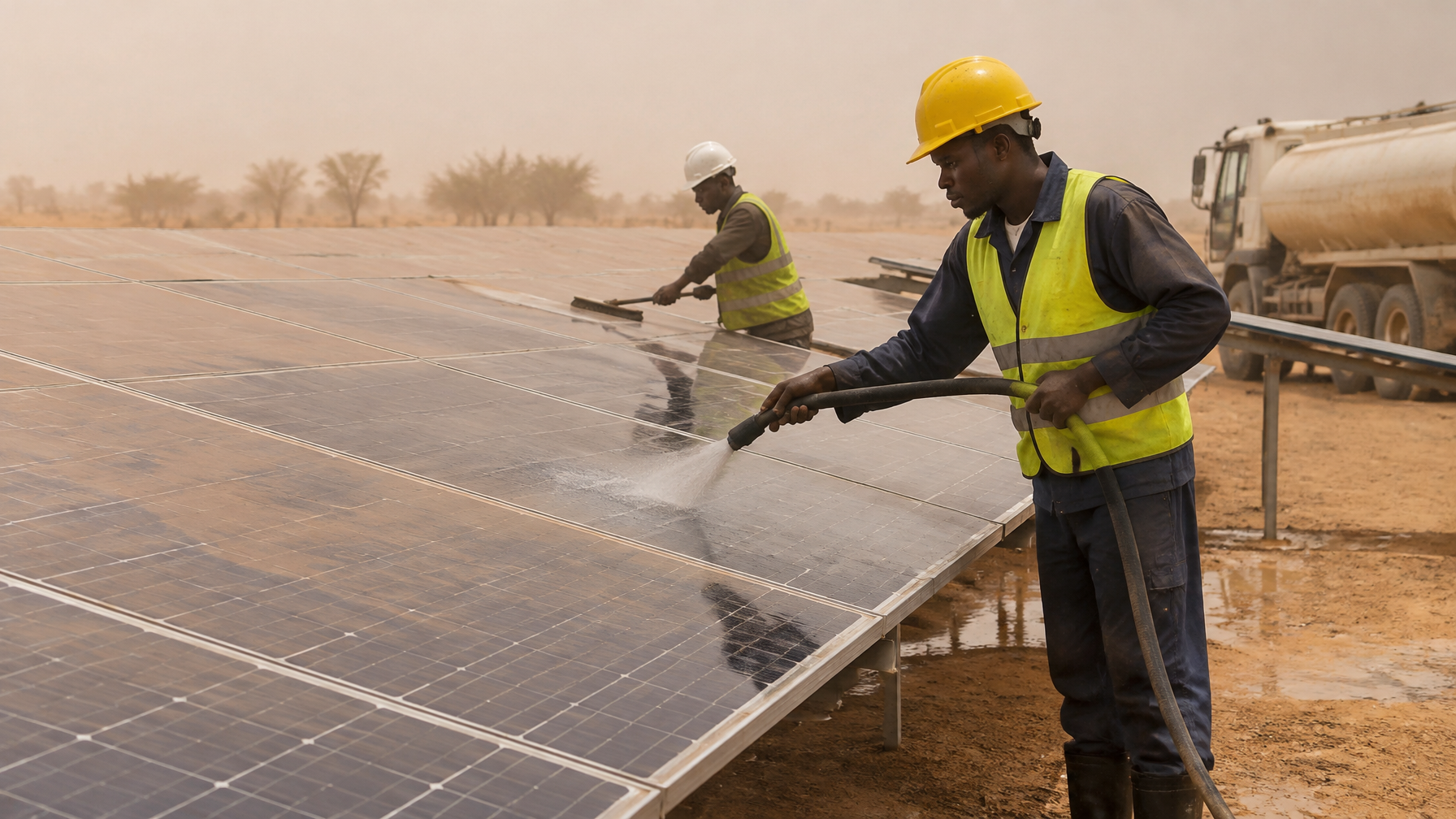 Harmattan dust and solar panel maintenance Northern Nigeria Solar panels with Harmattan dust being cleaned in Northern Nigeria
