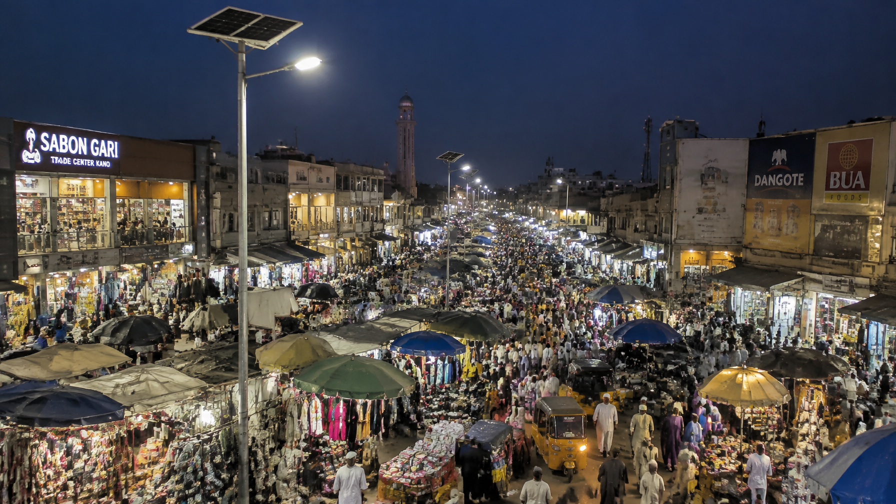 Sabon Gari Market evening streetlights solar powered