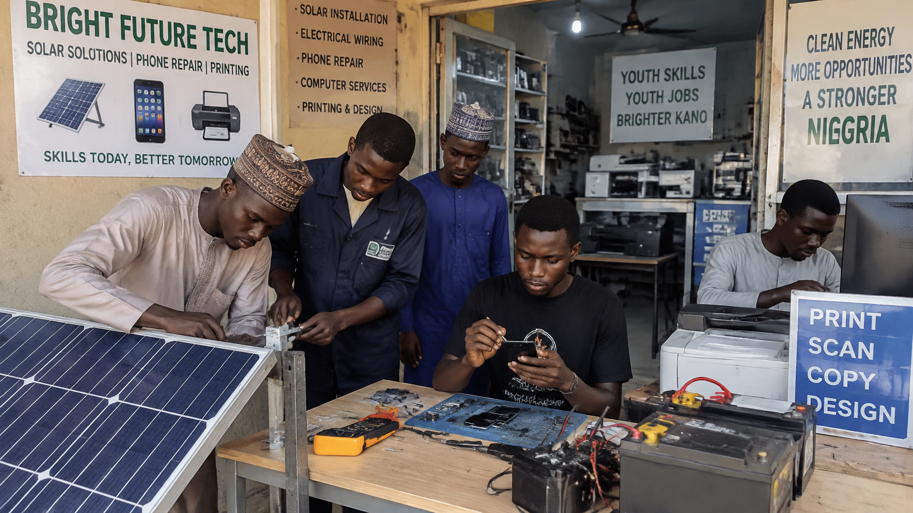 Youth learning solar technician skills phone repair Kano