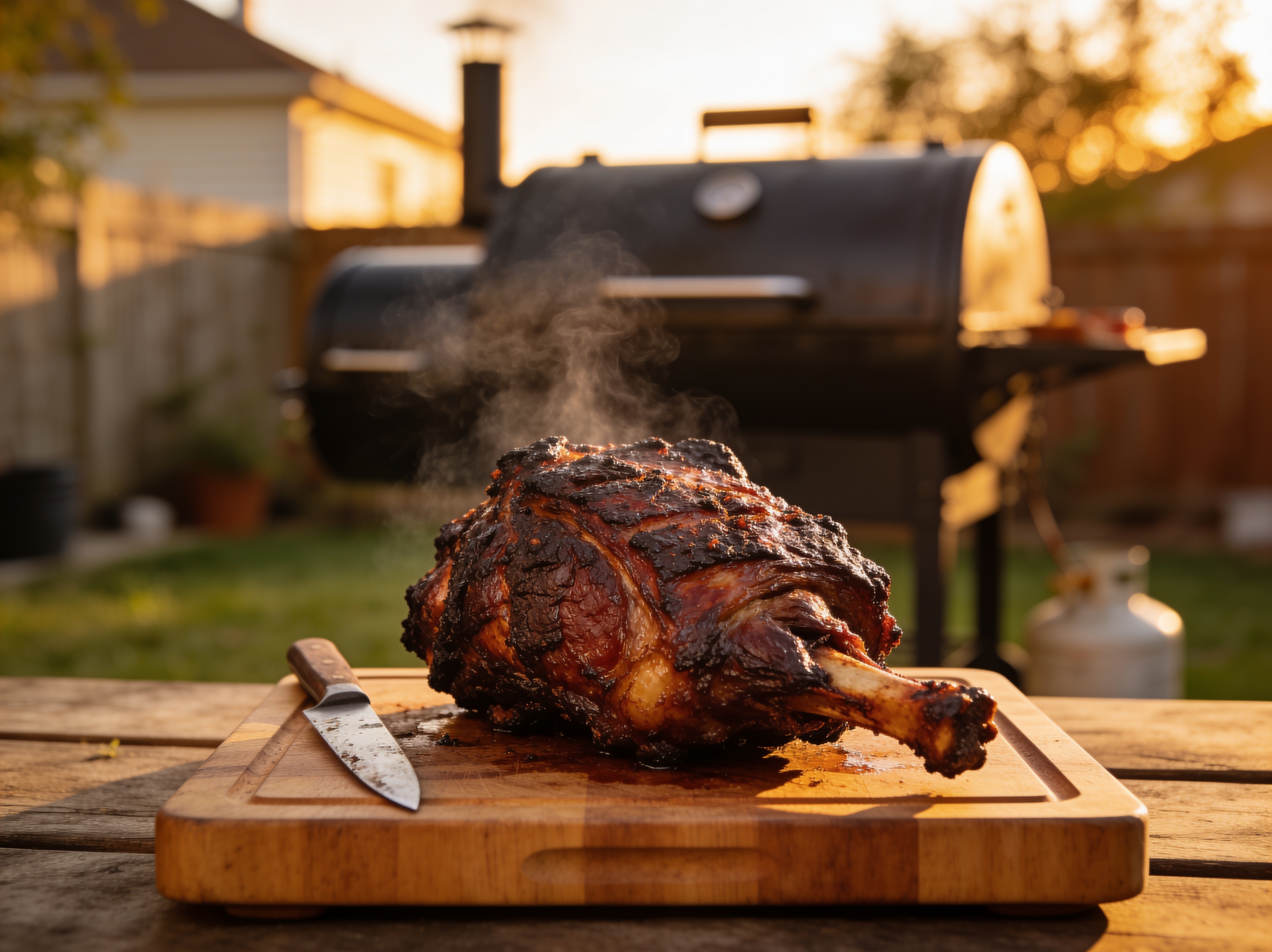 Whole smoked lamb shoulder resting on a wooden carving board with steam rising