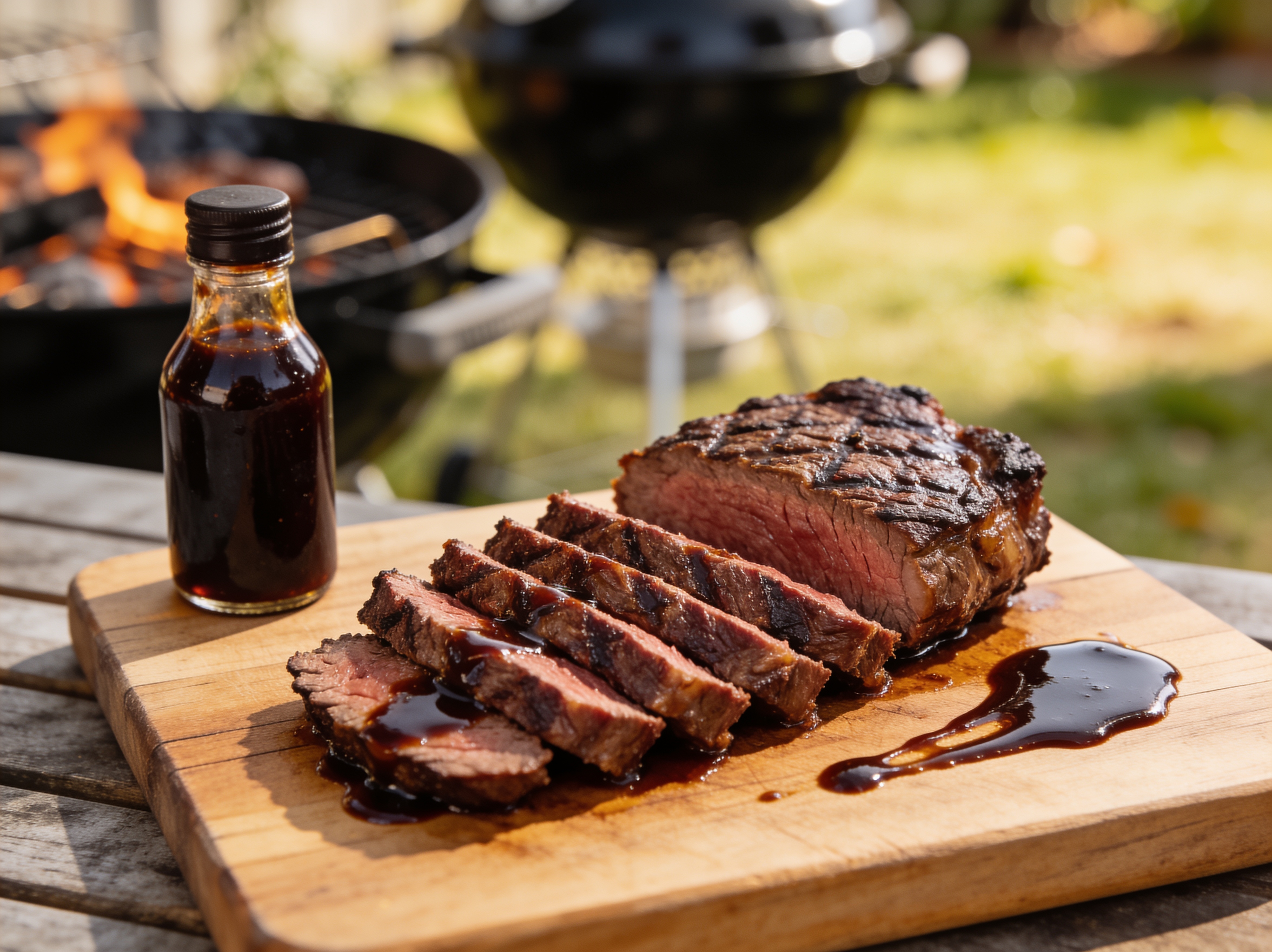 Thick sliced reverse-seared steak fanned on a board with dark coffee and molasses BBQ sauce drizzled alongside