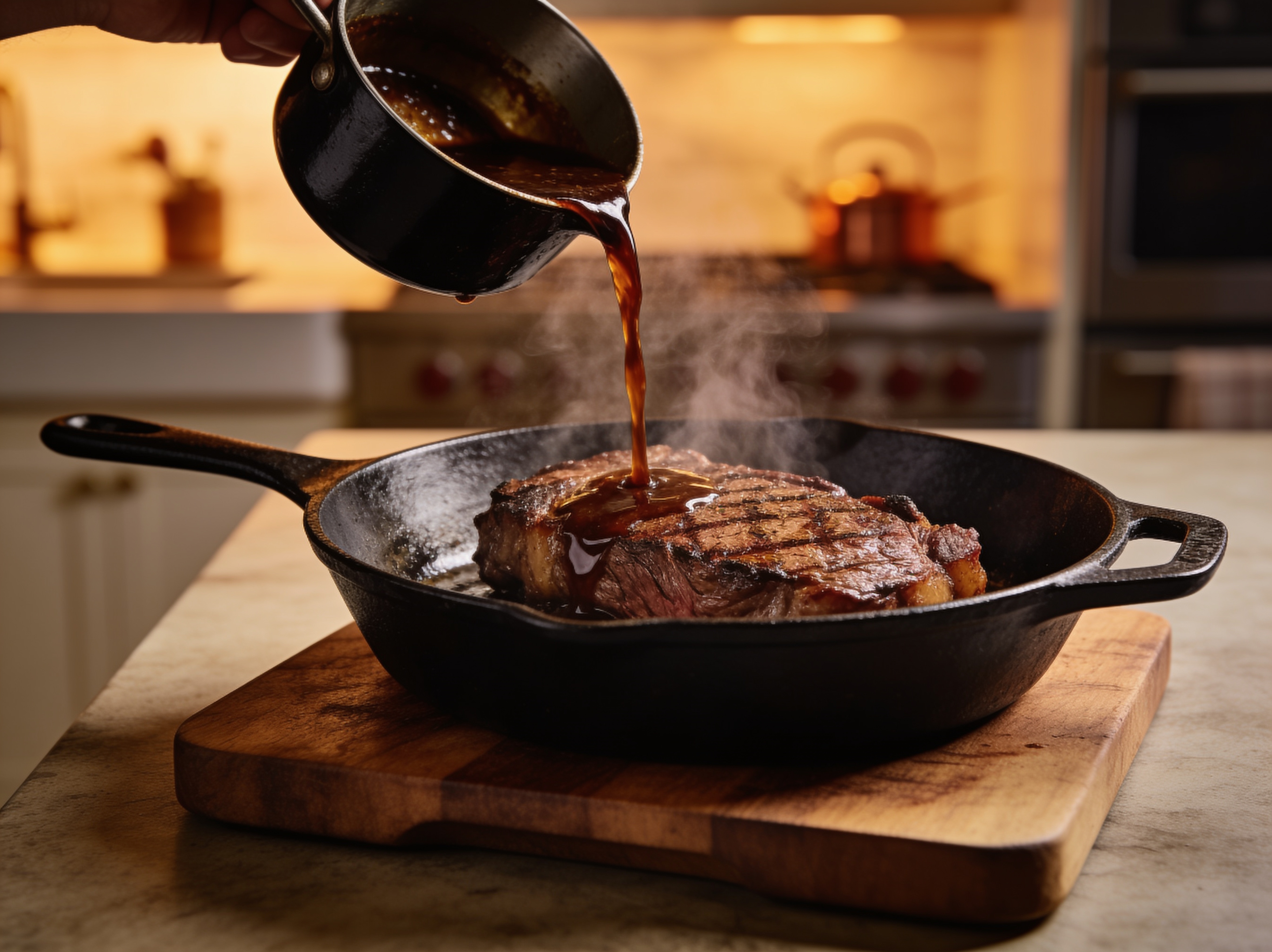 Dark glossy pan jus being poured over a rested seared steak in a cast iron pan