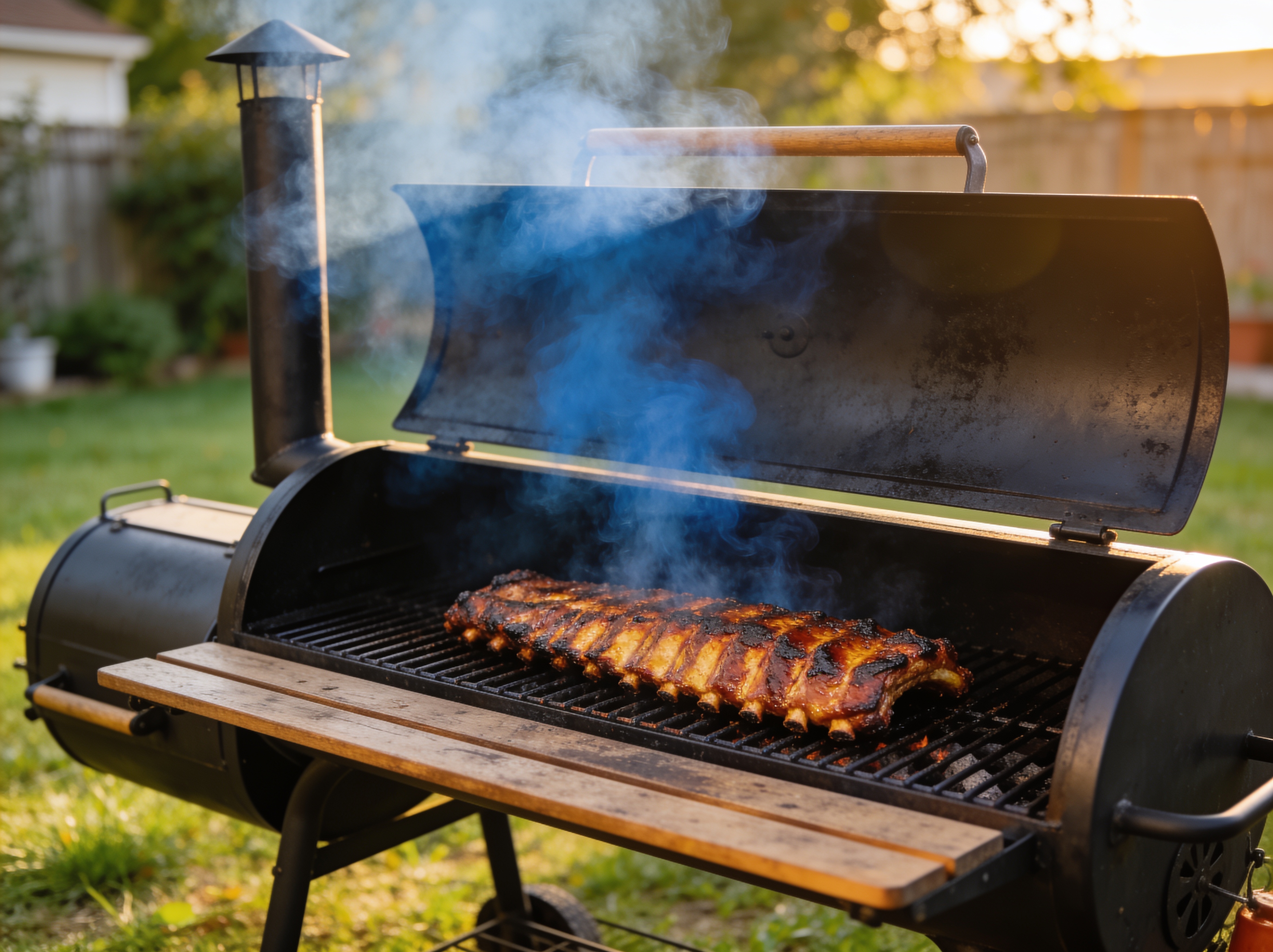 Rack of pork ribs on a backyard smoker grate with thin blue smoke curling up